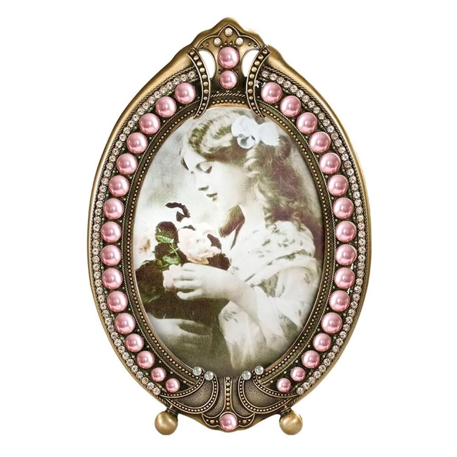 Nostalgic Vintage Pearl Metal Photo Frame Home Decoration Oval Desktop Art Display for home decor(4x6)