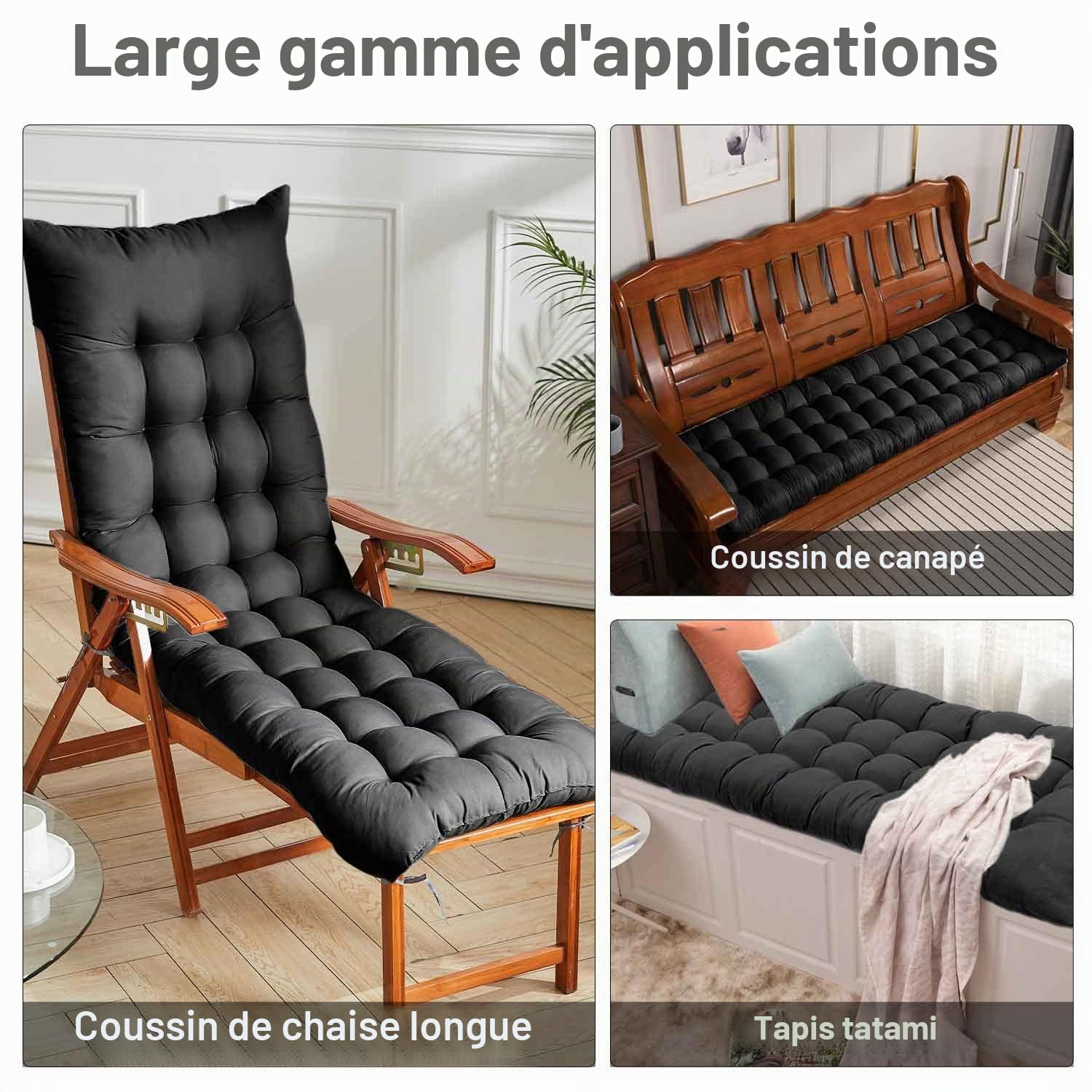 Warmiehomy Coussin épais pour chaise longue jardin, Coussin de rechange antidérapant pour extérieur, noir, 160x50x8 cm