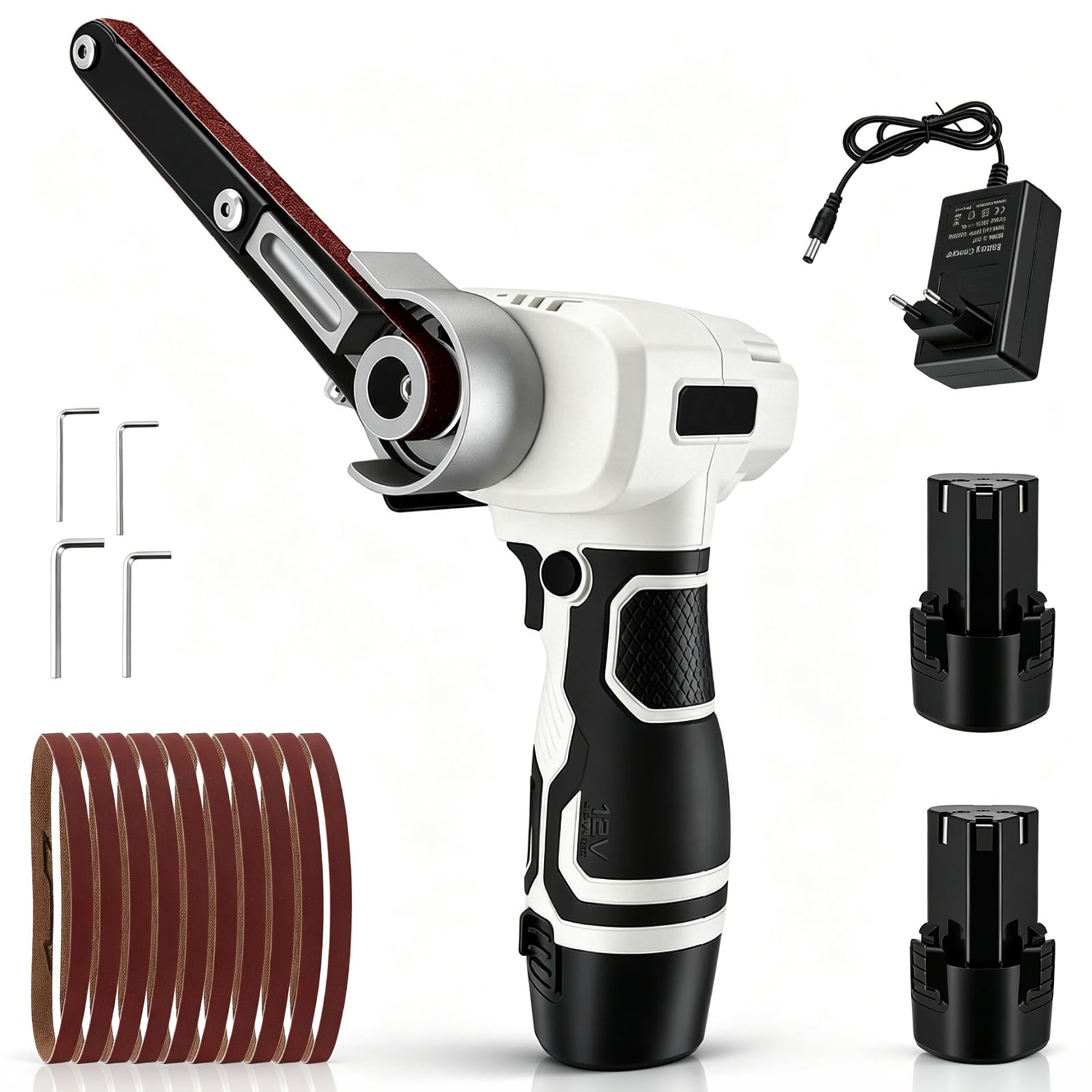 12V Akku Bandschleifer Set mit 2x 2,0Ah Akku, Bandfeile, 10 Bänder