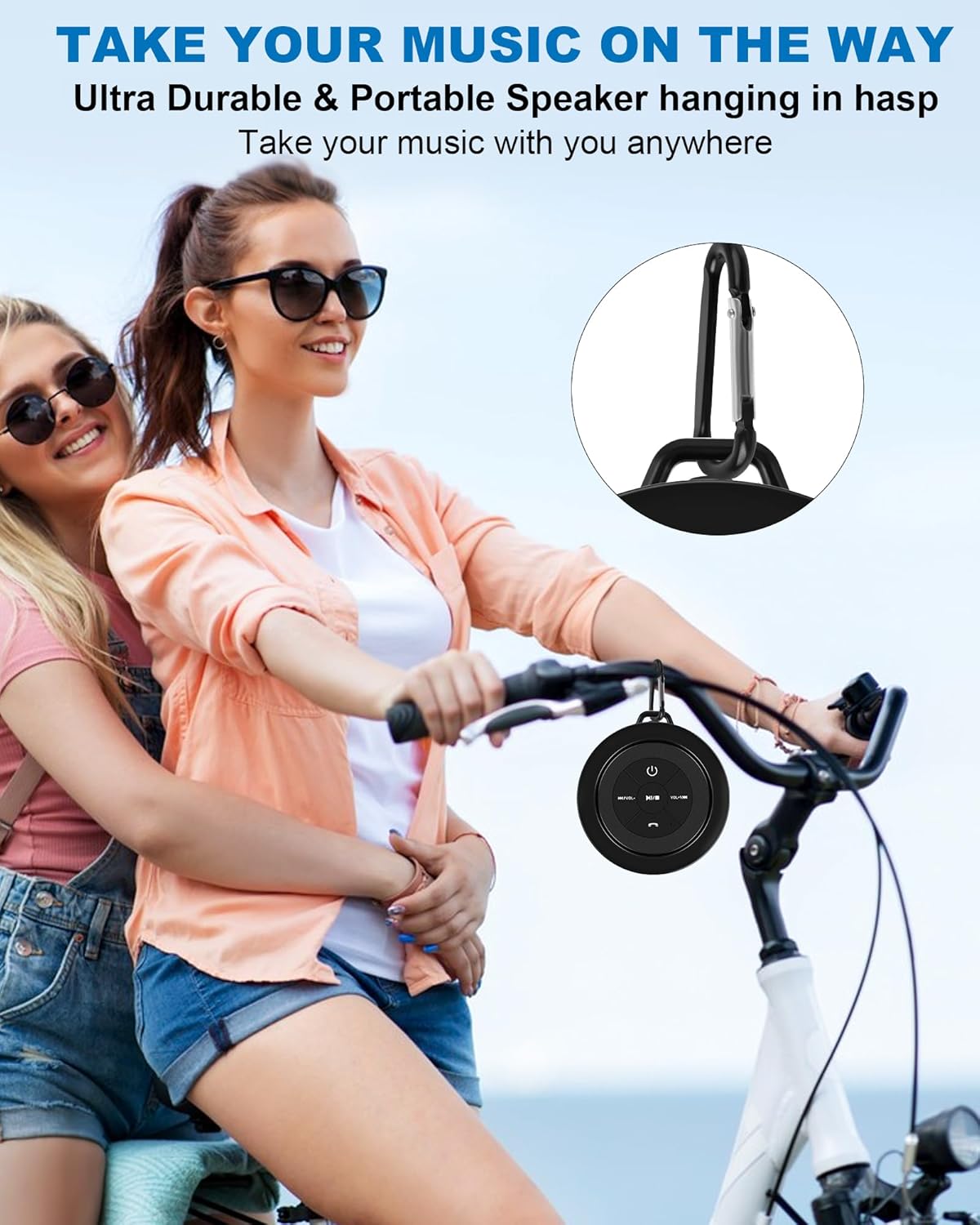 Razobws Shower Speaker with carabiner attached to a bike