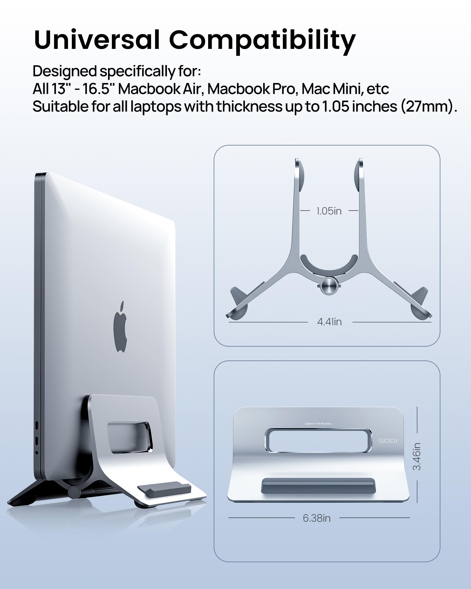 SODI Supporto per laptop verticale in alluminio, per MacBook Air, MacBook Pro, iPad, iPhone, con bloccaggio a gravità, regolazione automatica, design minimalista e ergonomico