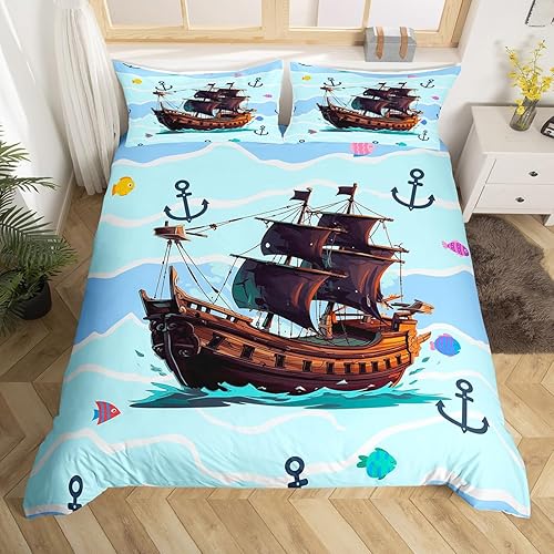 Funda de edredón con diseño de barco pirata, tamaño Queen, funda de edredón con 2 fundas de almohada para adolescentes, adultos y niños, bonito