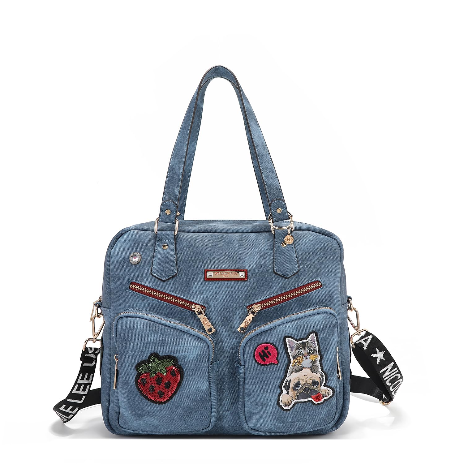 Nicole Lee Multi Patch Zipper Handbag, Medium Vegan Leather with Cotton Denim Look, Strawberry Sequin, Cat, Dog Patches (BLUE)