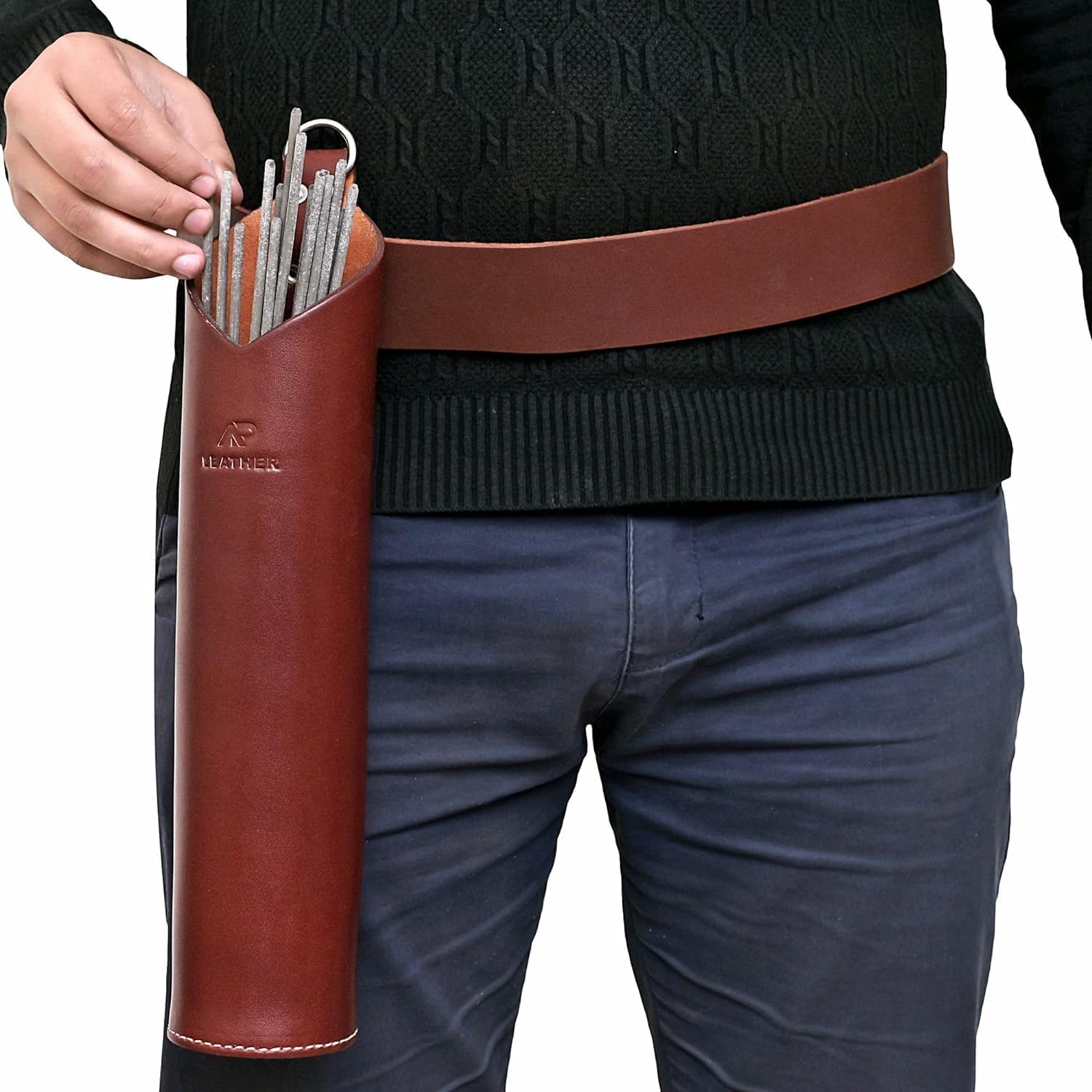 AP-LEATHER PRO-14 Top Grain Leather Welding Rod Bag, Welding Rod Holder/Electrode, Welding Rod Storage Container Color Maroon,3 Inches Diameter, 11 Inches length