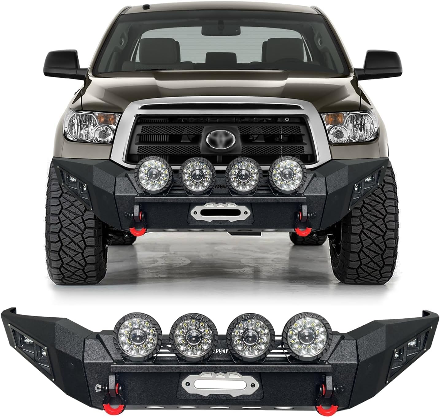 Front Bumper Compatible with Toyota Tundra 2007-2013 w/8 Aluminum Lights & D-Ring & Winch Plate,〔Black Textured Steel〕