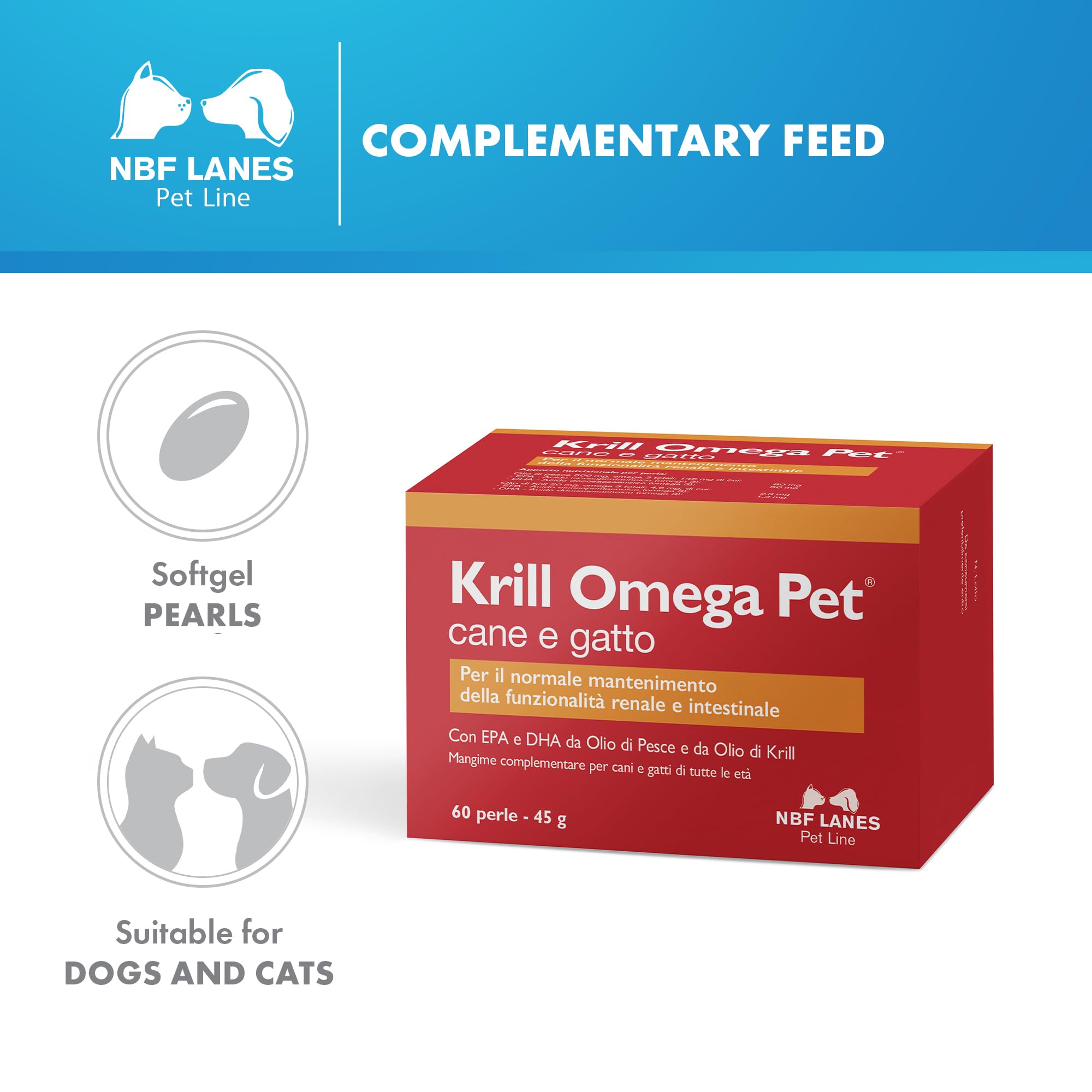 NBF Lanes | Krill Omega Pet Chien et Chat, 60 Perles Appétissantes, pour Le Maintien Normal de la Fonction rénale et intestinale
