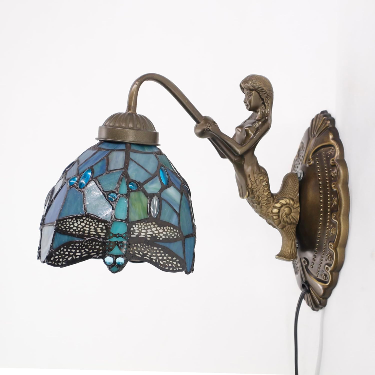 Tiffany Mermaid Wall Lamp Insert Colored Glass Bedside lamp 6X12X11 inches, Suitable for Living Room, Bedroom and Corridor (sea Blue Dragonfly Style)