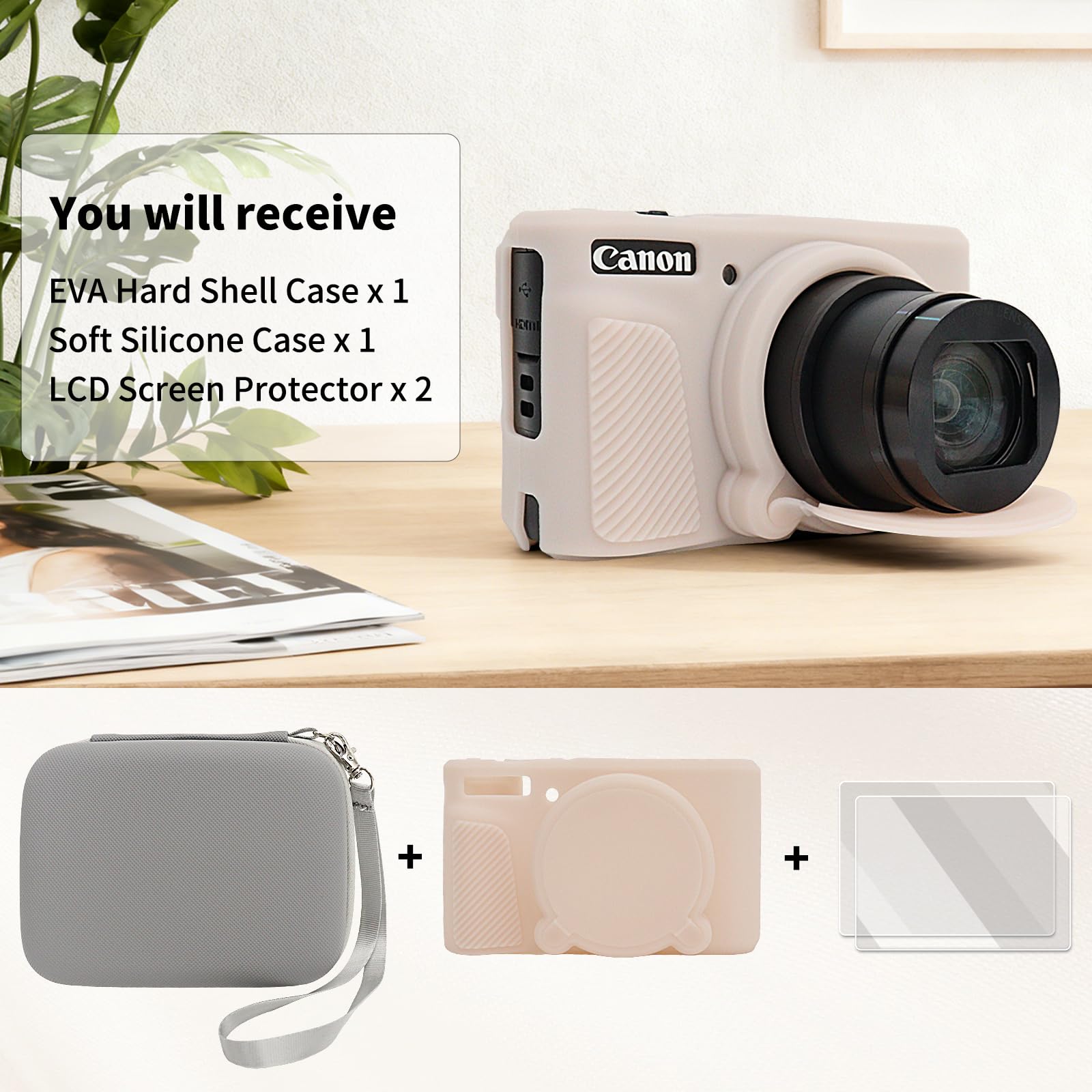 VOVMOEYA Custodia per fotocamera PowerShot SX730/SX740 HS, sx730/740 hs, kit di accessori, custodia rigida in EVA + custodia protettiva in silicone morbido + 2 pellicole temperate LCD, Grigio/rosa