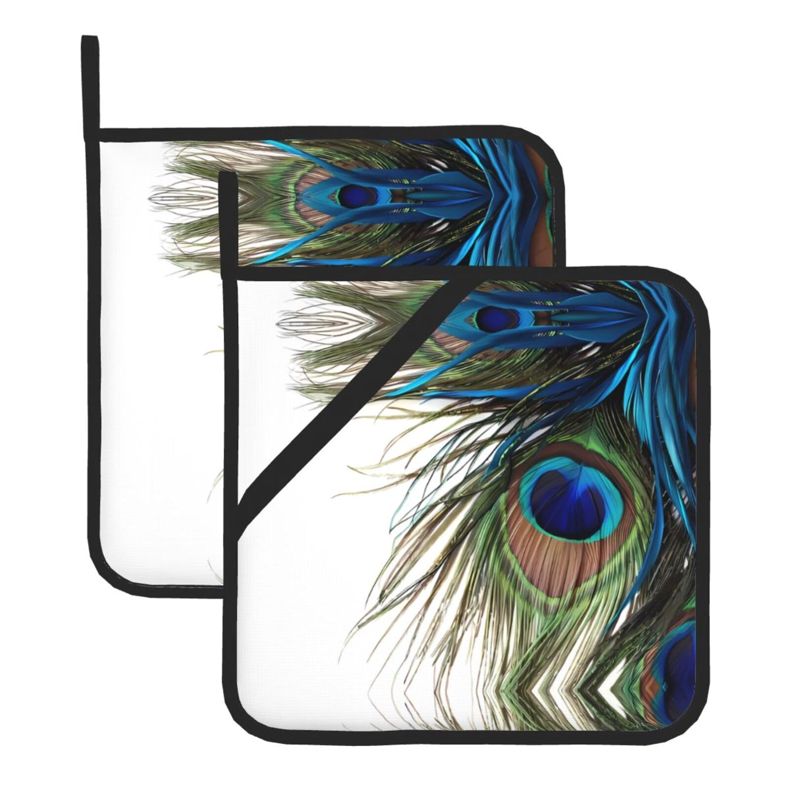 WHJSSF peacock feather Prints Square Pot Holders - Heat Resistant Kitchen Trivets 2-Pack - Waterproof Covers for Hot Dishes, Oven & Grill with Hanging Loop