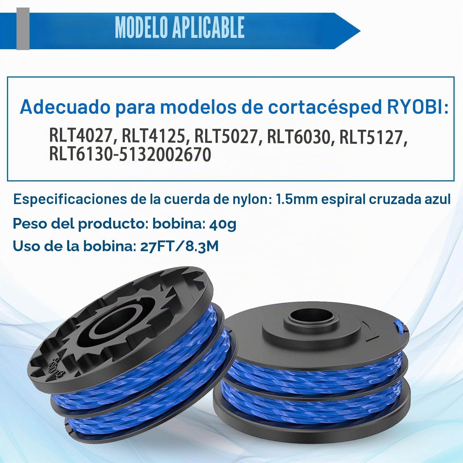 4 bobinas de repuesto para recortadora de bordes compatibles con Ryobi RAC123,bobina de hilo para recortadora Ryobi RLT4027, RLT4125, RLT5027, RLT6030, RLT5127, RLT6130-5132002670(4 carrete)