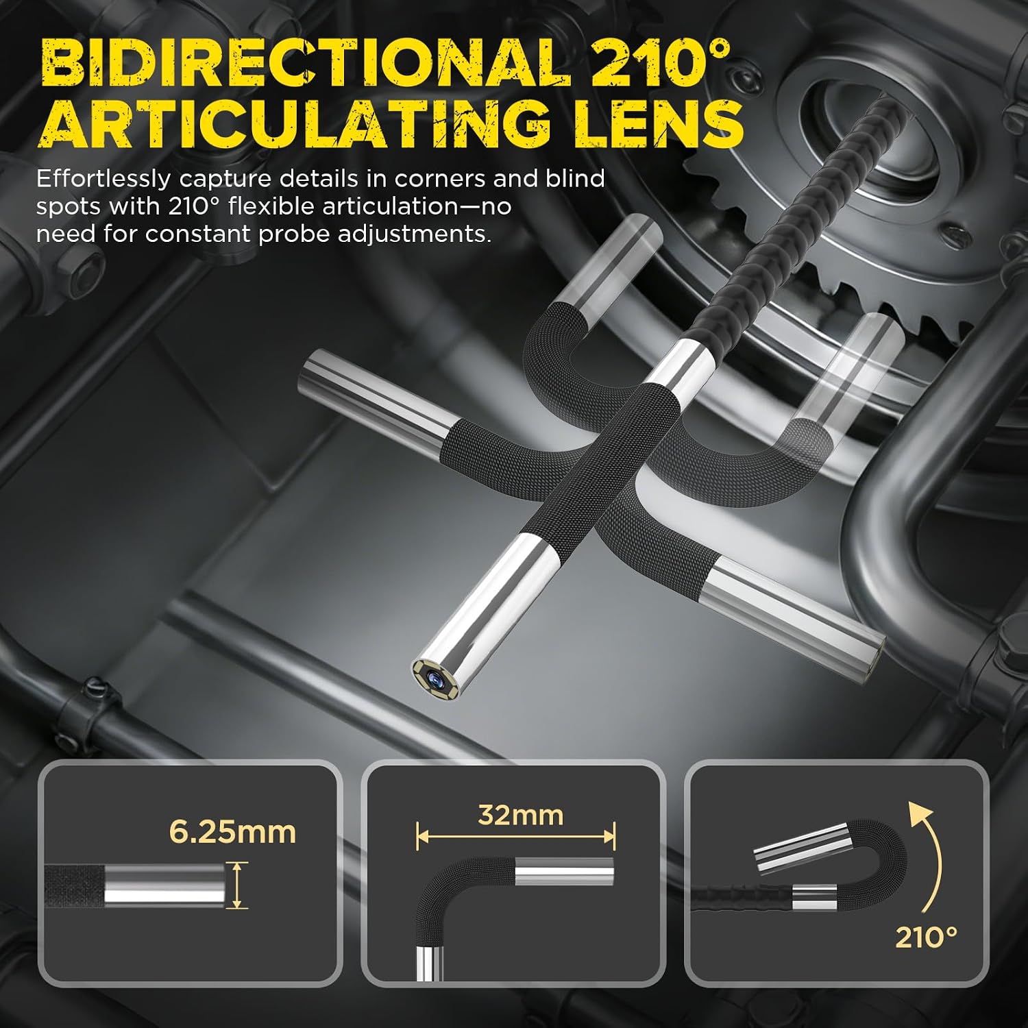 Diagram showing the 210 degree bidirectional articulation of the borescope lens