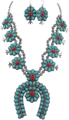 Southwestern Western Blue and Red Howlite Squash Blossom Statement Necklace and Earrings Set