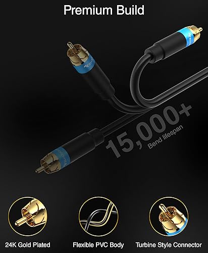 Miniatura 3 de BlueRigger Cable de subwoofer de audio RCA (15 pies, doble blindado, conectores RCA a RCA) - para subwoofer, amplificador, cine en casa