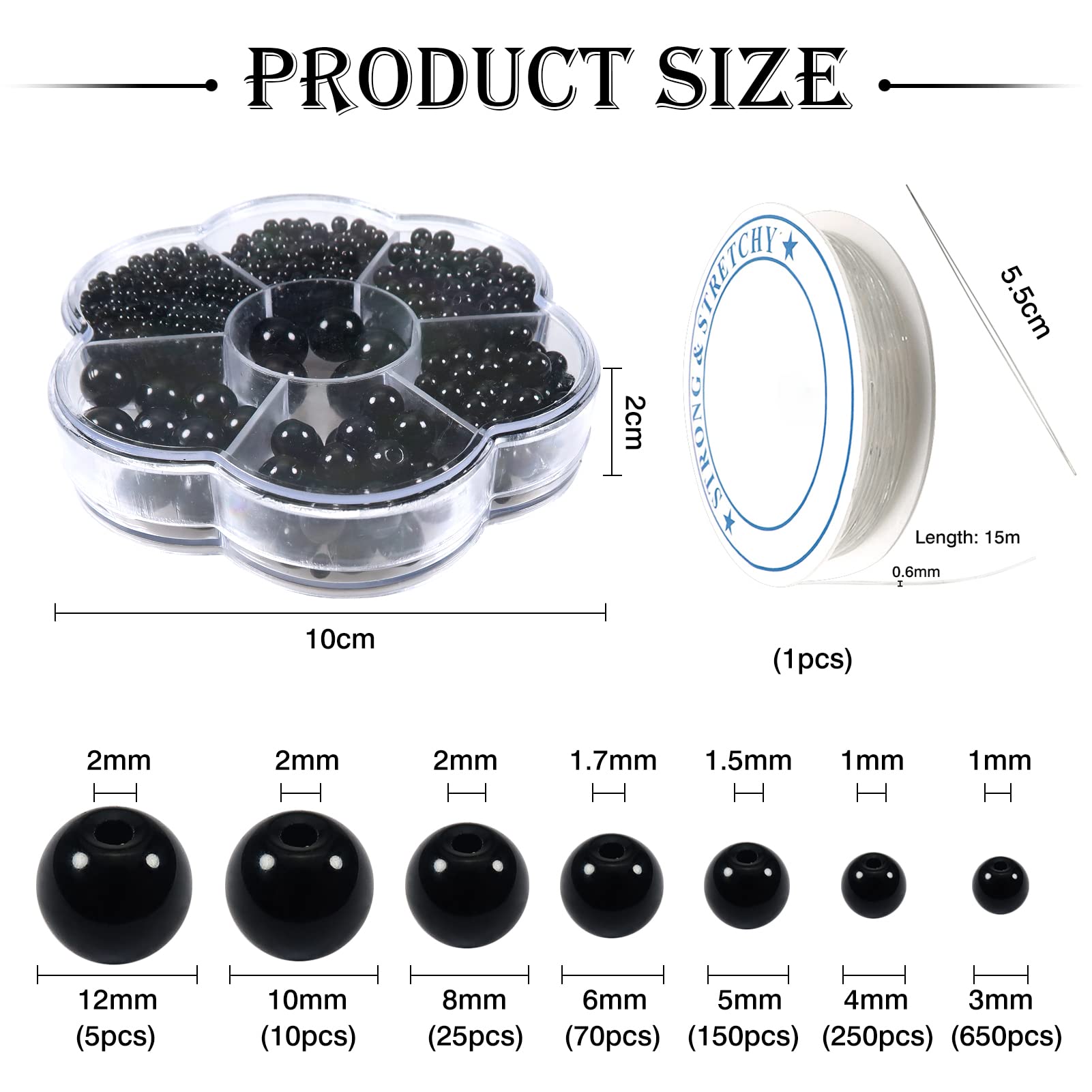 TOAOB 1160pcs Black Pearl Beads for Jewelry Making 3mm to 12mm Plastic Pearl Beads Loose Round Faux Pearl Beads with Holes for DIY Crafts Earring Choker Necklace Bracelet Making - Image 2