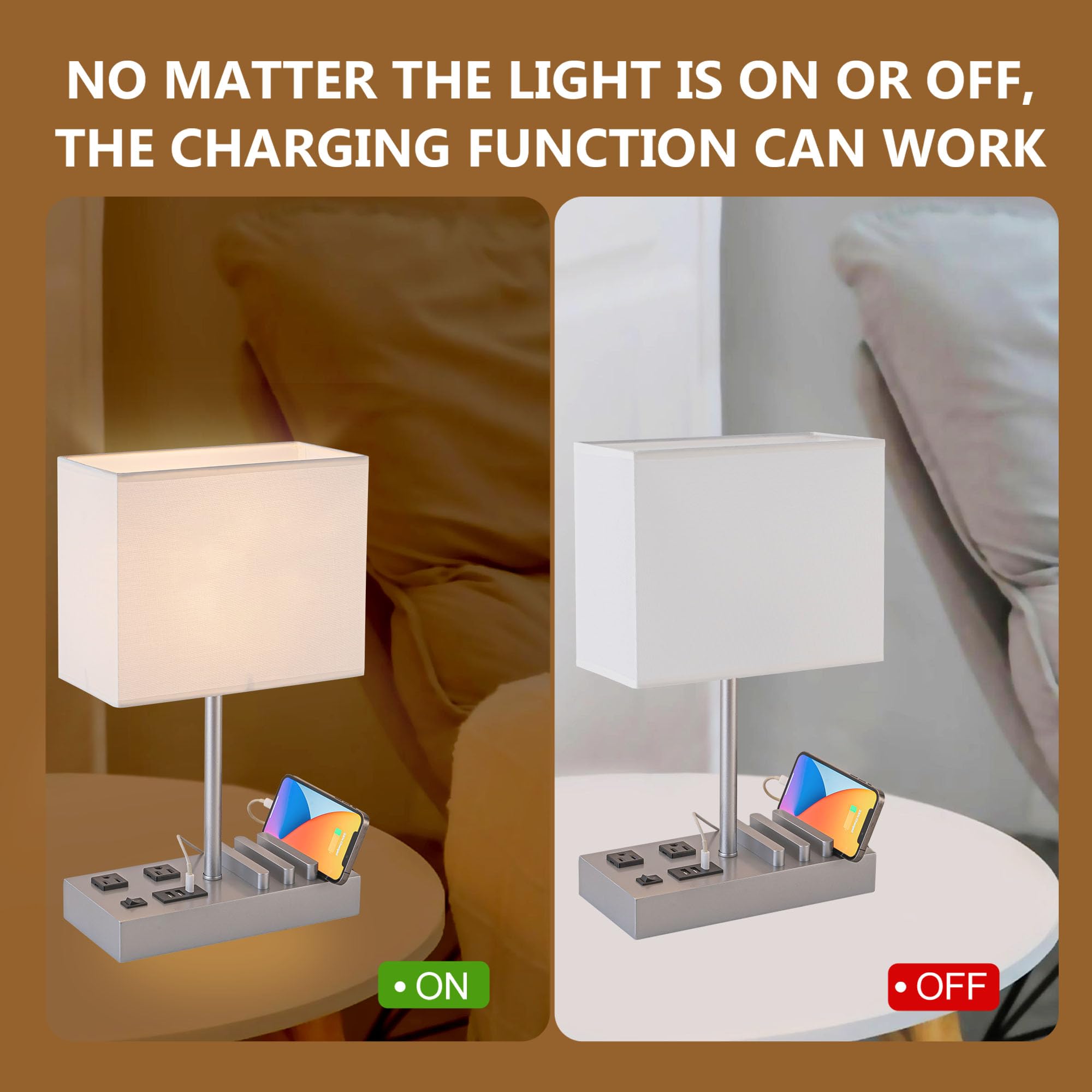 Dreamholder Desk Lamp with 3 USB Charging Ports, Table Lamp with 2AC Outlets and 3 Phone Stands, Nightstand Bedside Lamp with Natural Wooden Base and Cream Linen Shade: Silver Wood Base