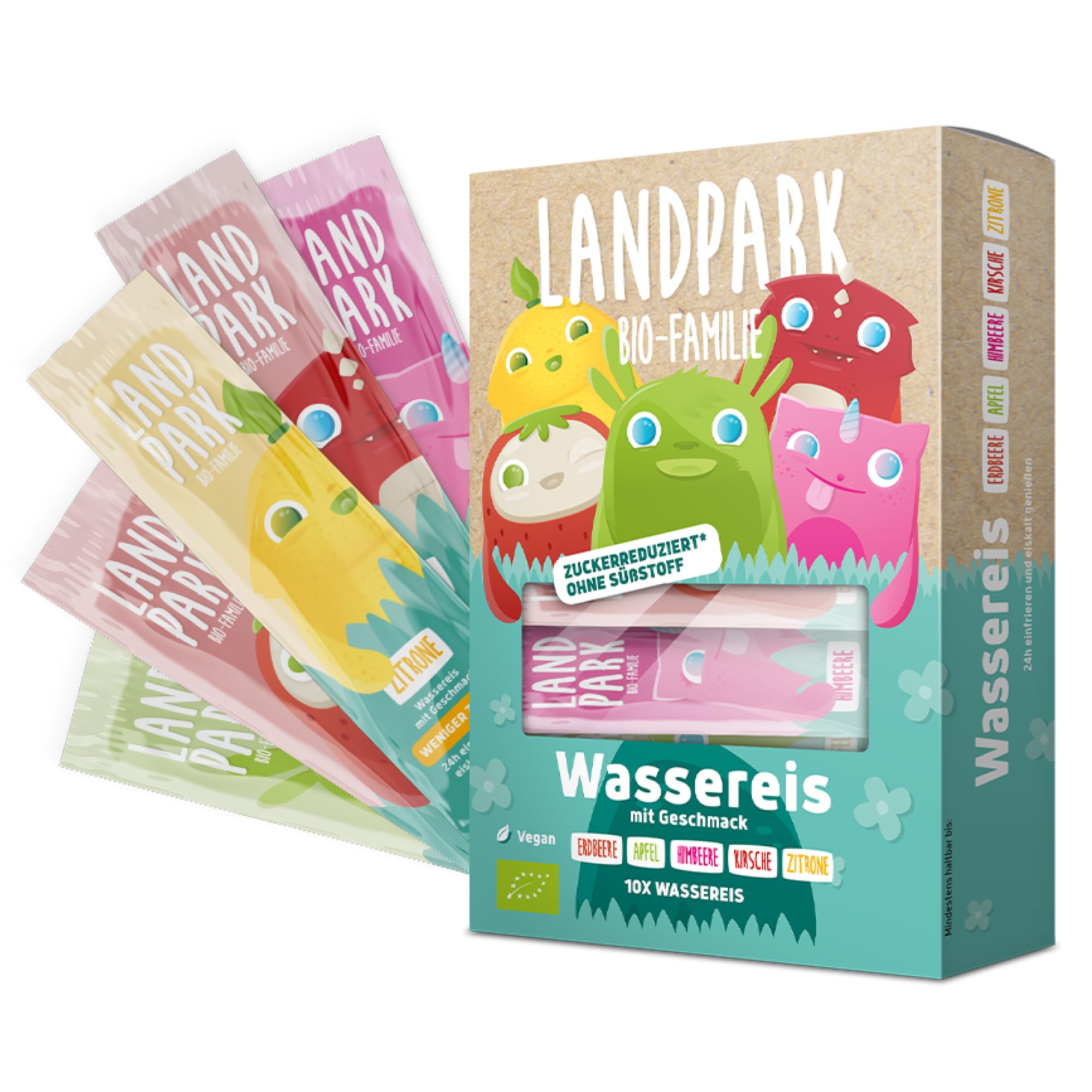 Landpark Bio-Wassereis 10x 40 ml - Unser Wassereis enthält kaum Zucker - 100% Bio Qualität - 5 Geschmacksrichtungen (Erdbeere, Himbeere, Apfel, Kirsche, Zitrone) - Das perfekte Eis für den Sommer