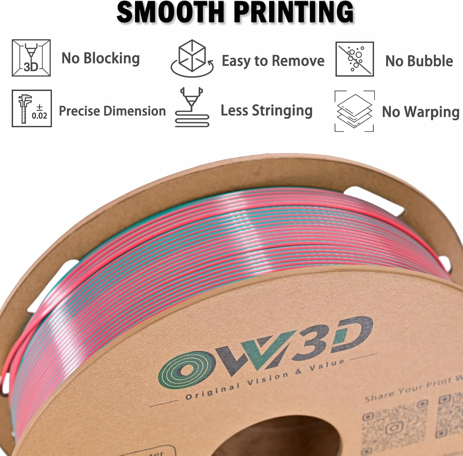 OVV3D PLA Filament 1.75mm, 3D Printer Filament Silk PLA Dual Color Filament, Sky Blue and Pink PLA Filament, Color Change Every Inch Filament 3D Printer Filament +/-0.02mm, 1kg/2.2lb
