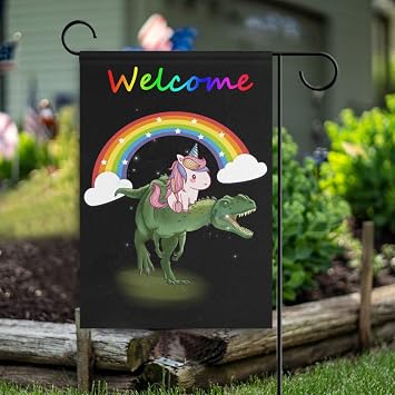 Welcome Garden Flag Unicorn Riding A Dinosaur Outdoor Double Sided 12 X 18 Inch Seasonal Yard Home Flags Decorative