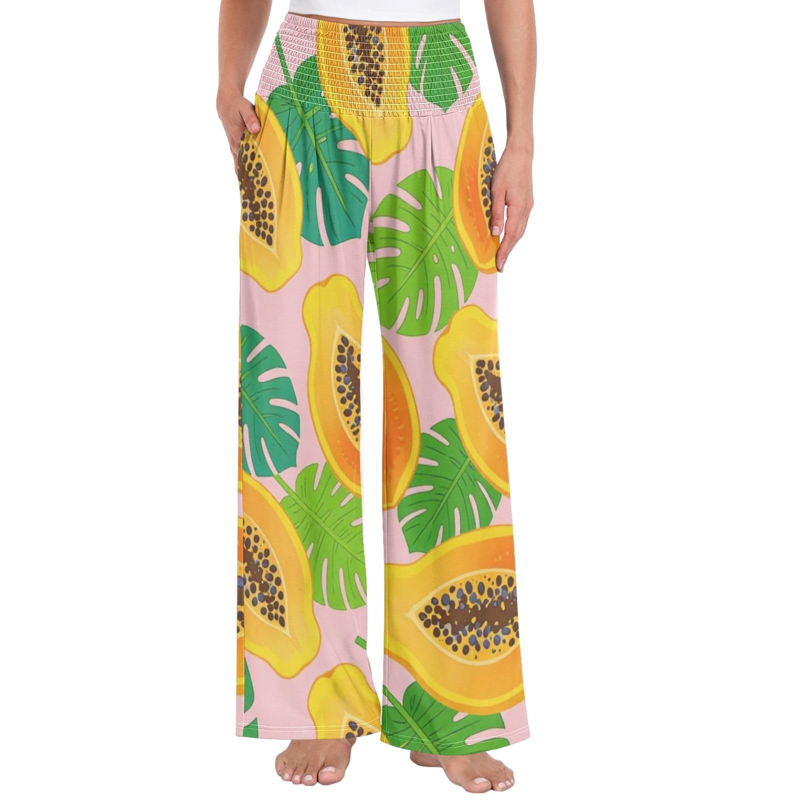 Papaya Tropical - Pantalones palazzos para mujer, ligeros, elásticos, informales, ropa de descanso