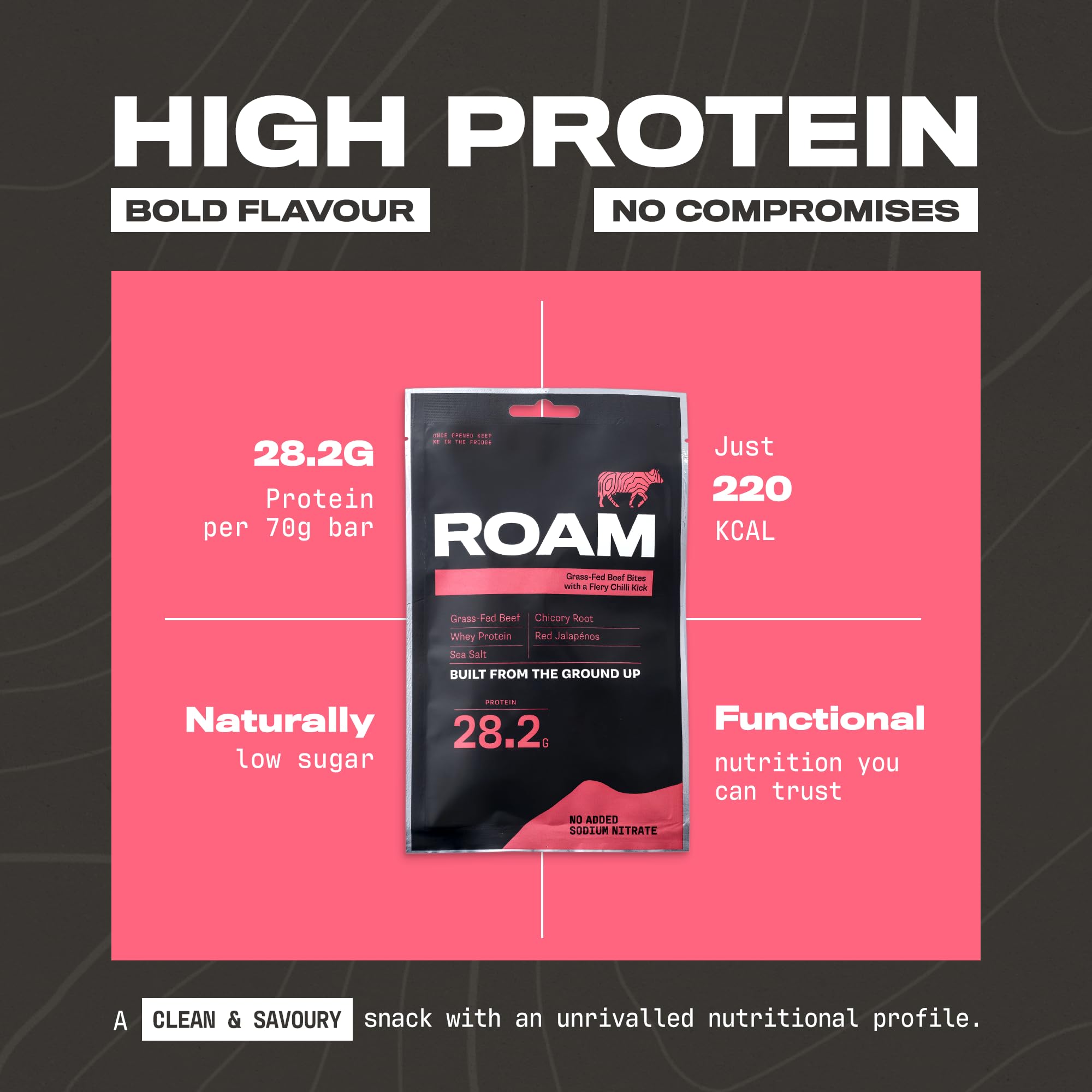 ROAM Natürliche Protein-Bites, Keto-Mahlzeitenersatz-Bites, 12 × 70 g Jalapeño-Chili-Rindfleisch-Bites & gesunde Snacks, ideal für die Carnivore-Ernährung, Keto-Sticks (Chili Beef Bites)