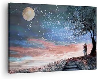 Quadro su tela - Elemento unico - Cielo Luna Innamorati - 70x50cm - Pronto da appendere - Home Decor - Stampe su Tela - Quadri Moderni - completamente incorniciato - AA70x50-4800
