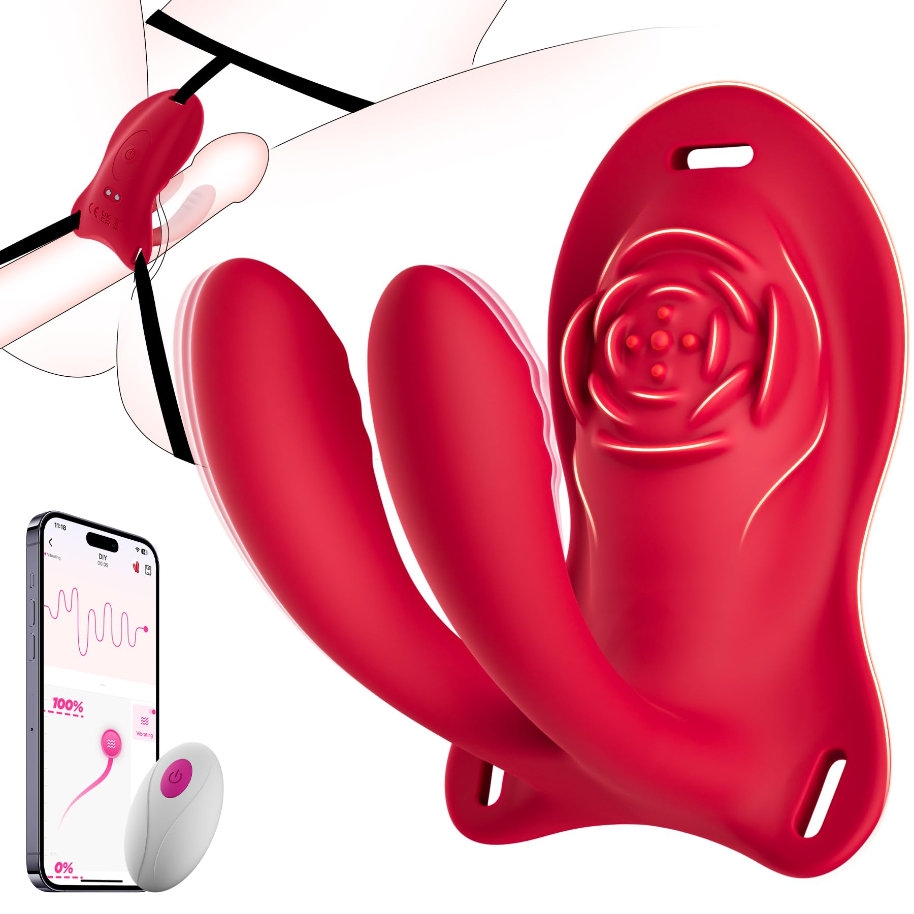 BIG SHOCKED Rose Sex Toy Wearable Vibrator - APP Remote Control Couples Sex Toys for Women Adult Toys, Hands Free Clitoral G Spot Vibrator with 9 Powerful Vibrating Double-Ended Dildos BDSM Rose Toy