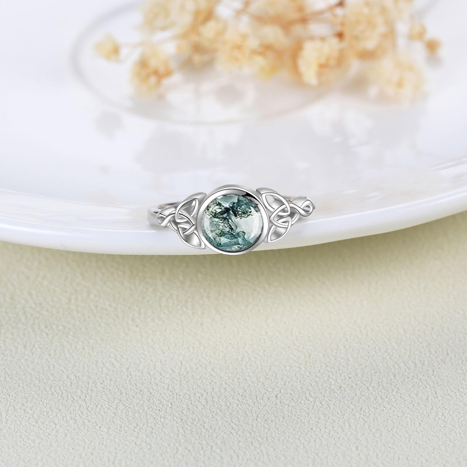 YAFEINI Natural Moss Agate Ring 925 Sterling Silver Green Cletic Moss Agate Ring Engagement Wedding Jewelry Gift for Women