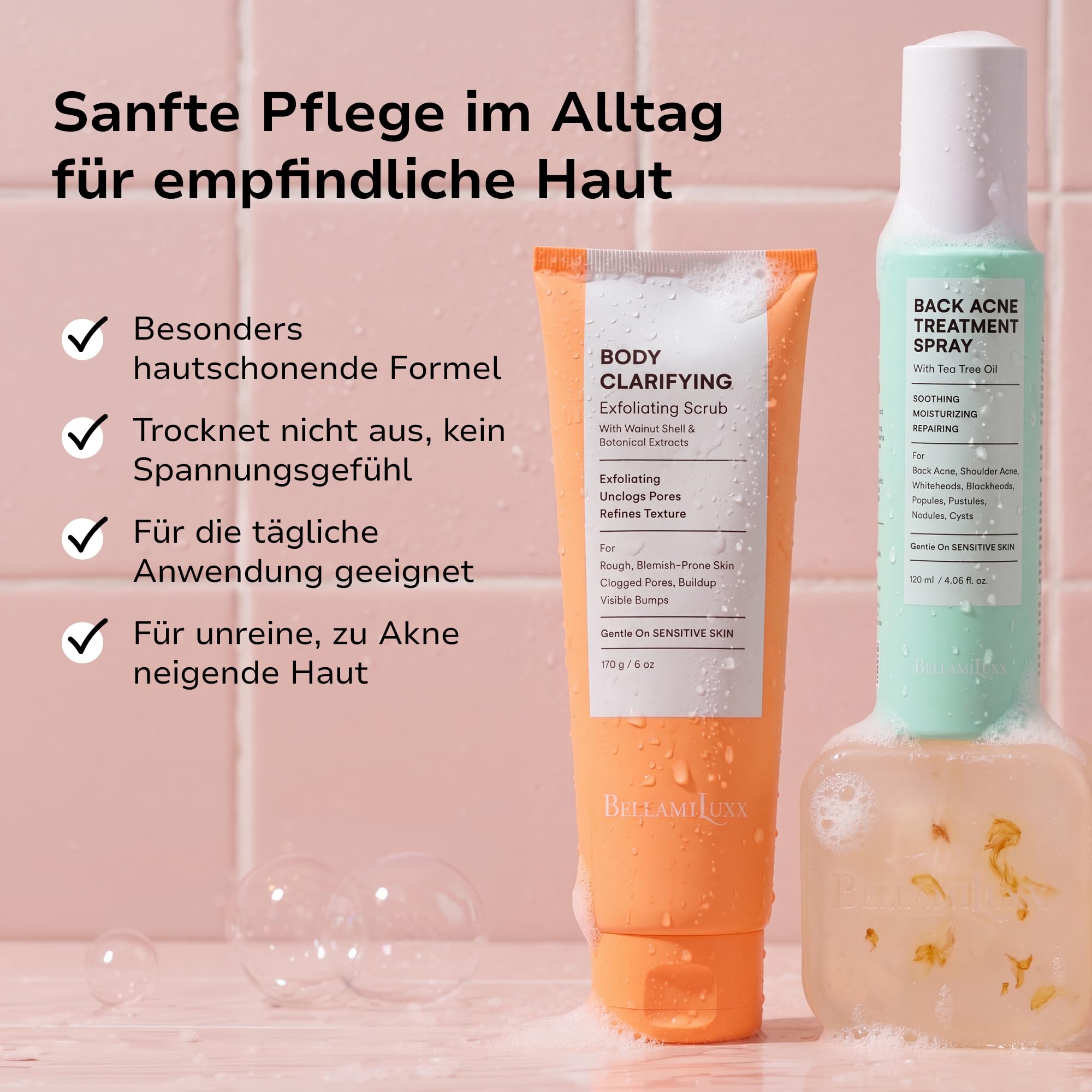 BellamiLuxx 3-stufiges Rücken- & Körper-Aknepflege-Set – Seifenstück, Peeling & Rücken-Spray – Für unreine Haut an Rücken, Brust & Schultern – Hilft bei Pickeln, verstopften Poren & Hautunebenheiten
