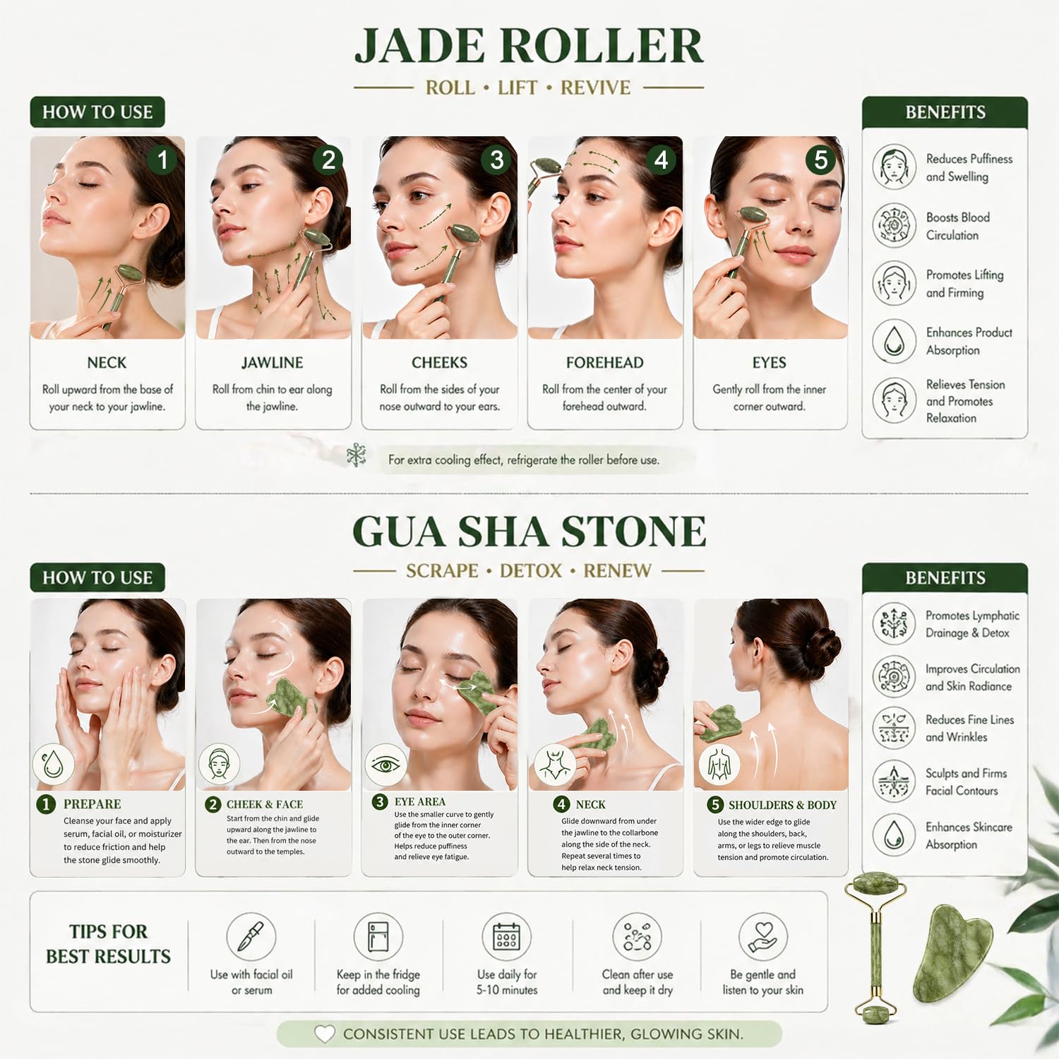 Cepillos Linfáticos Faciales Set 4 Piezas Jade Gua Sha y Rodillo de Jade Masaje Tensado Facial