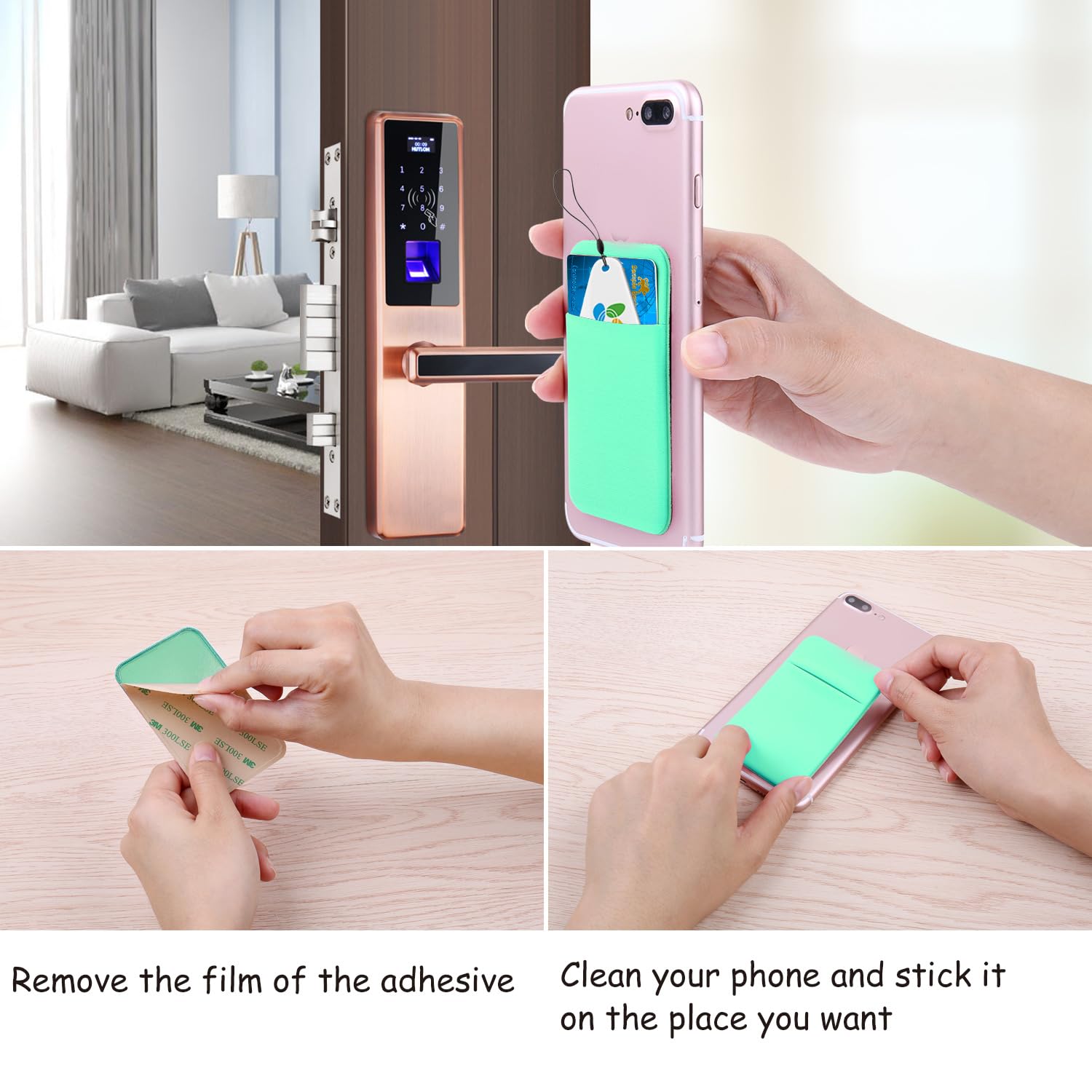 Costyle Smukłe etui na karty kredytowe z tyłu telefonu komórkowego Stick On Wallet, Różowy, szary, miętowy zielony, różowy, Medium, Etui na karty w pełni zakryte