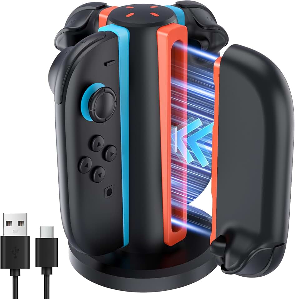 AceGamer Base de carregamento 4 em 1 para Nintendo Switch 2 Joy-Con em qualquer direção, estação de carregamento magnético de 4 portas, suporte de carregamento rápido vertical com indicação LED e cabo