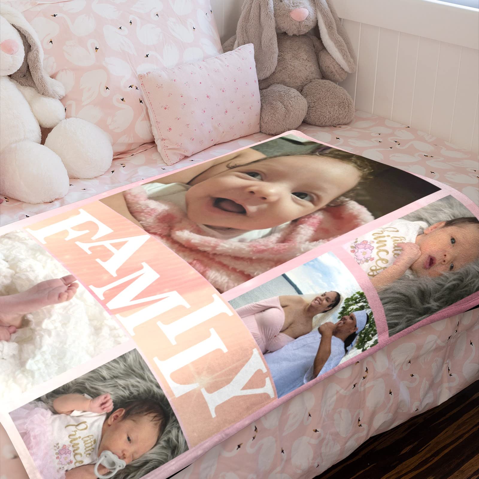 HSSQMH Custom Blankets with Photos Memory of Family Picture Blankets Customized Blanket with 5 Photo Collage Valentine's Day Wedding Birthday Personalized Gifts for Mom Dad Dogs Kids 50