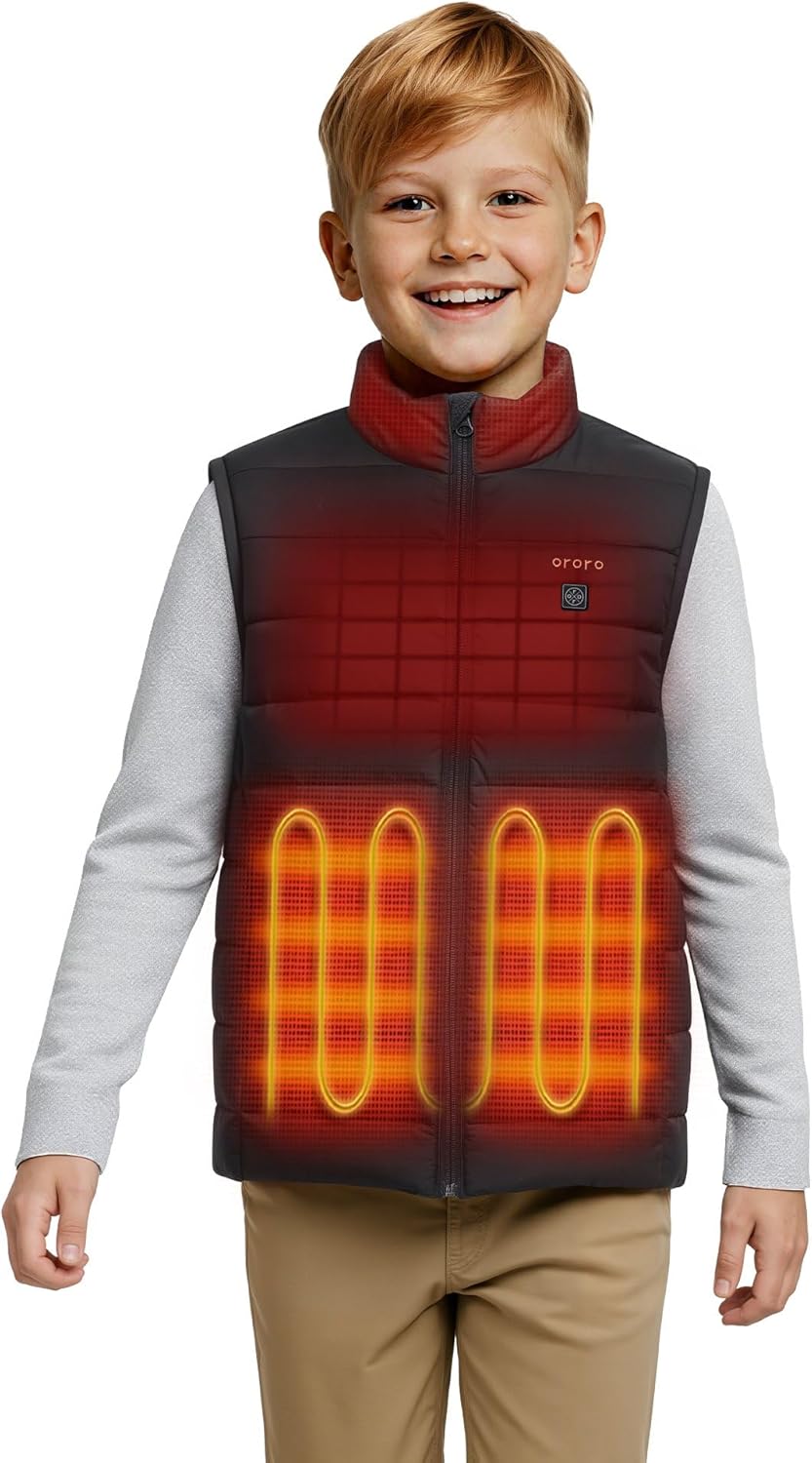 ORORO Kids' 4-Zone Lightweight Heated Vest with Rechargeable Battery, Boys' Puffer Heated Vest