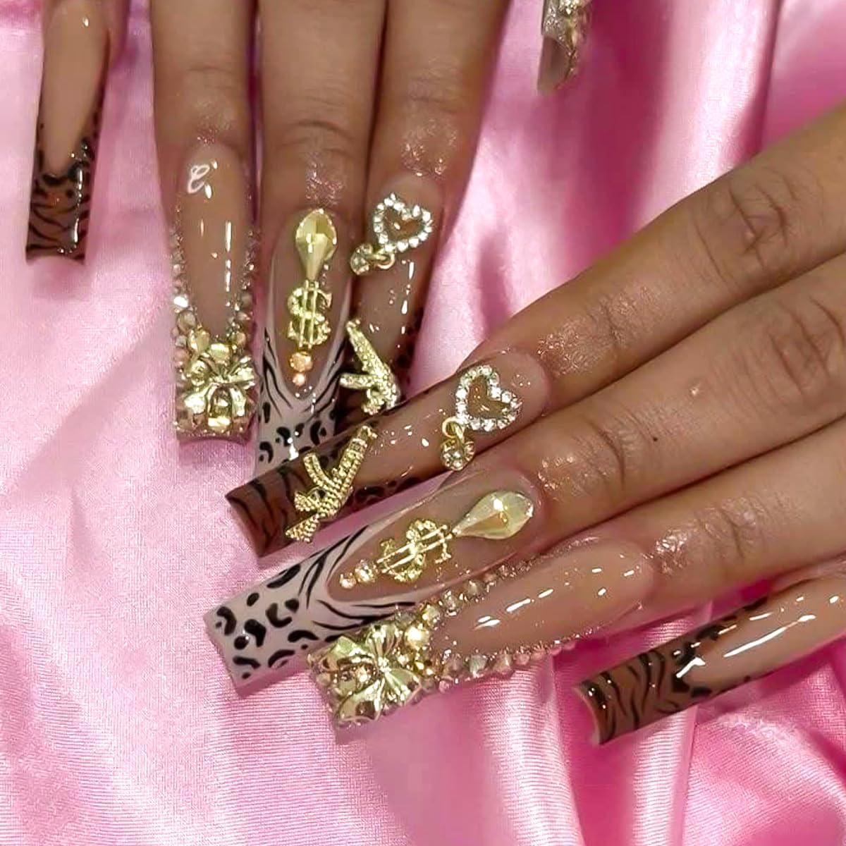 100Pcs Gold Nail Charms and Gems Y2K Nail Charms Bulk 3D Hearts, Dollars, Bow, Gun Nail Rhinestones for Nails Design, Manicure Craft DIY Art Decoration Jewels