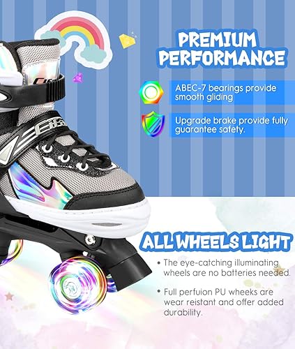 Miniatura 4 de Patines para niñas y niños, negro, rosa, morado, 4 tamaños, ajustables, con ruedas iluminadas y diseño superior brillante, patines para niños