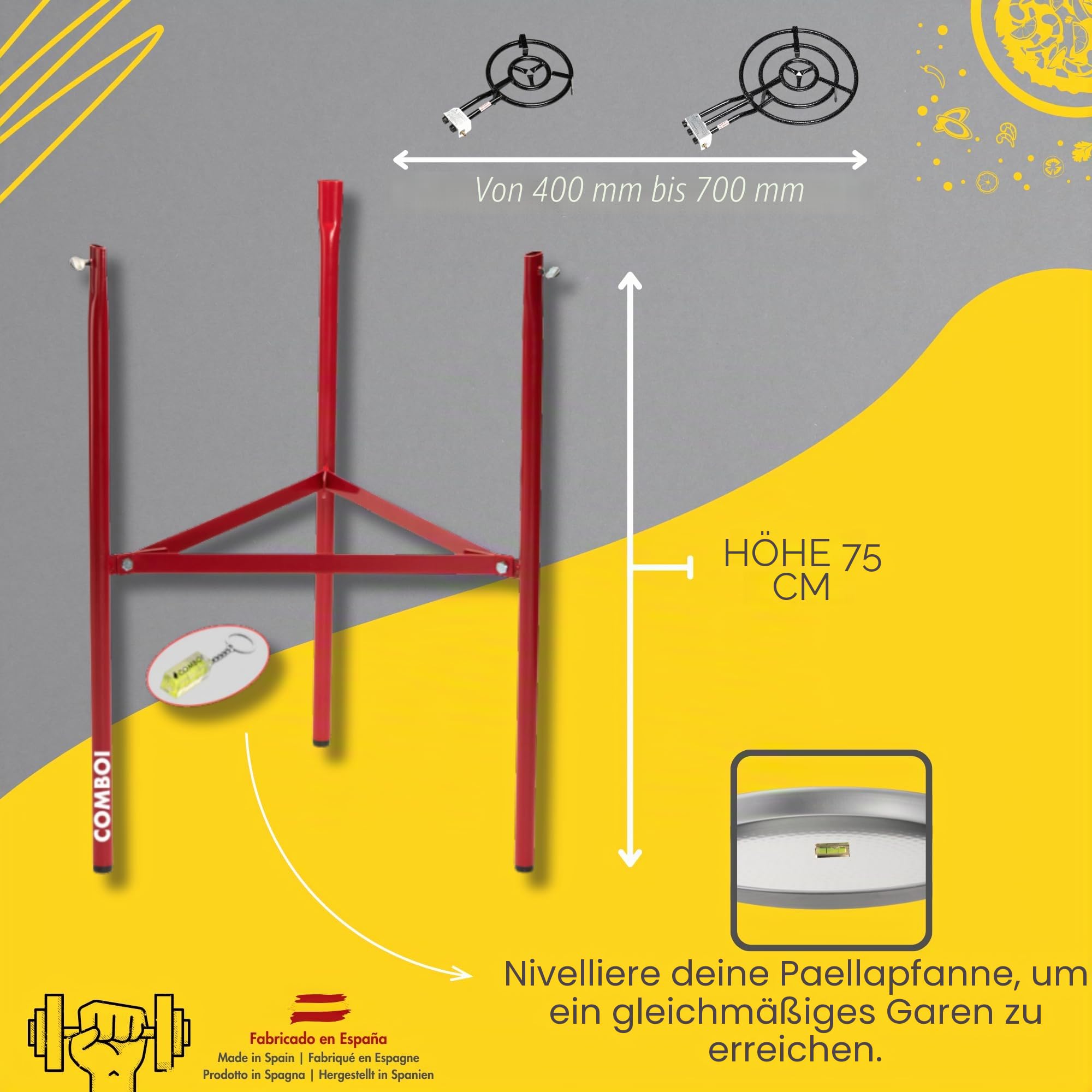 COMBOI - Paella-Set für Butangas, 60 cm Brenner + 42 cm Pfanne, verstärkte Füße, Wasserwaage, Schürze, digitales Rezeptbuch