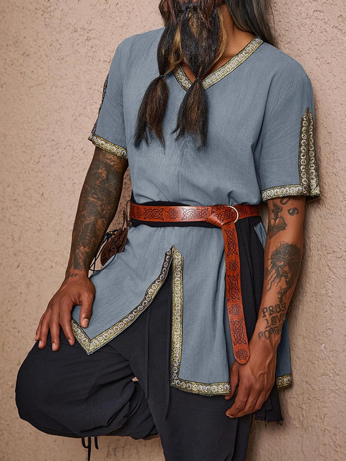 Runcati Mens Medieval Pirate Tunic Renaissance Viking Knight Costume Linen Short Sleeve LARP Halloween Tops - Image 4