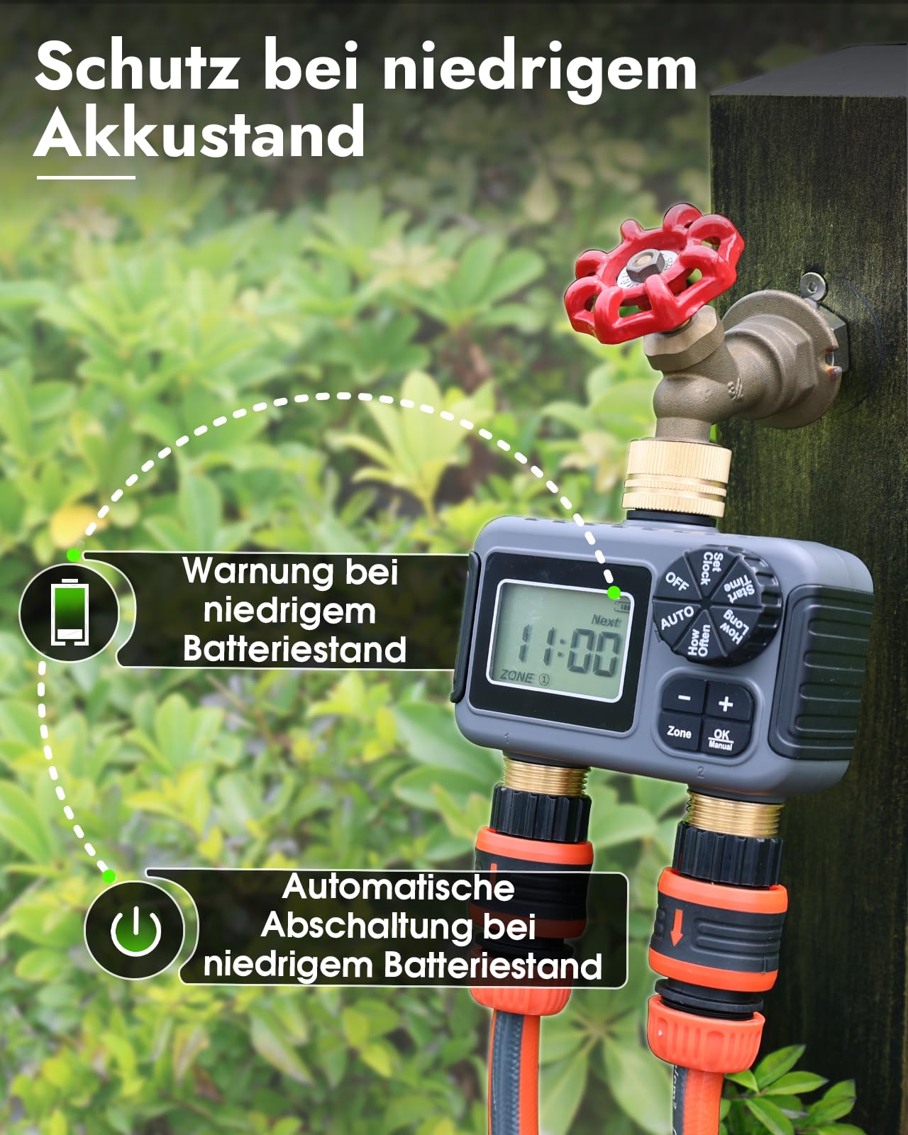 Insoma 2-Zonen-BewäSserungstimer Mit Messing-Ein-/Auslass, Programmierbarer Schlauchtimer Mit Automatik-/Manuell-Modus Und RegenverzöGerung, BewäSserungstimer FüR Garten, Rasen, Hof | IP55 Wasserdicht