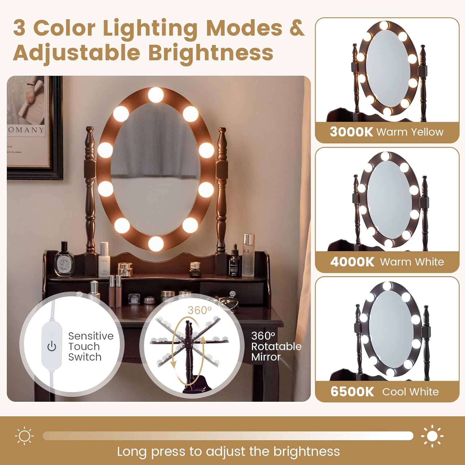 Byroce Vanity Set with Cushioned Stool, Makeup Table with 360° Rotating Lighted Oval Mirror, 3 Drawers, 10 LED Lights, Modern Retro Dressing Table for Bedroom, Brown (BC-HW66052US-CF)