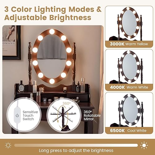 Miniatura 3 de CHARMAID Juego de tocador con espejo ovalado iluminado, tocador de maquillaje con 10 bombillas LED regulables y 3 cajones, mesa de maquillaje