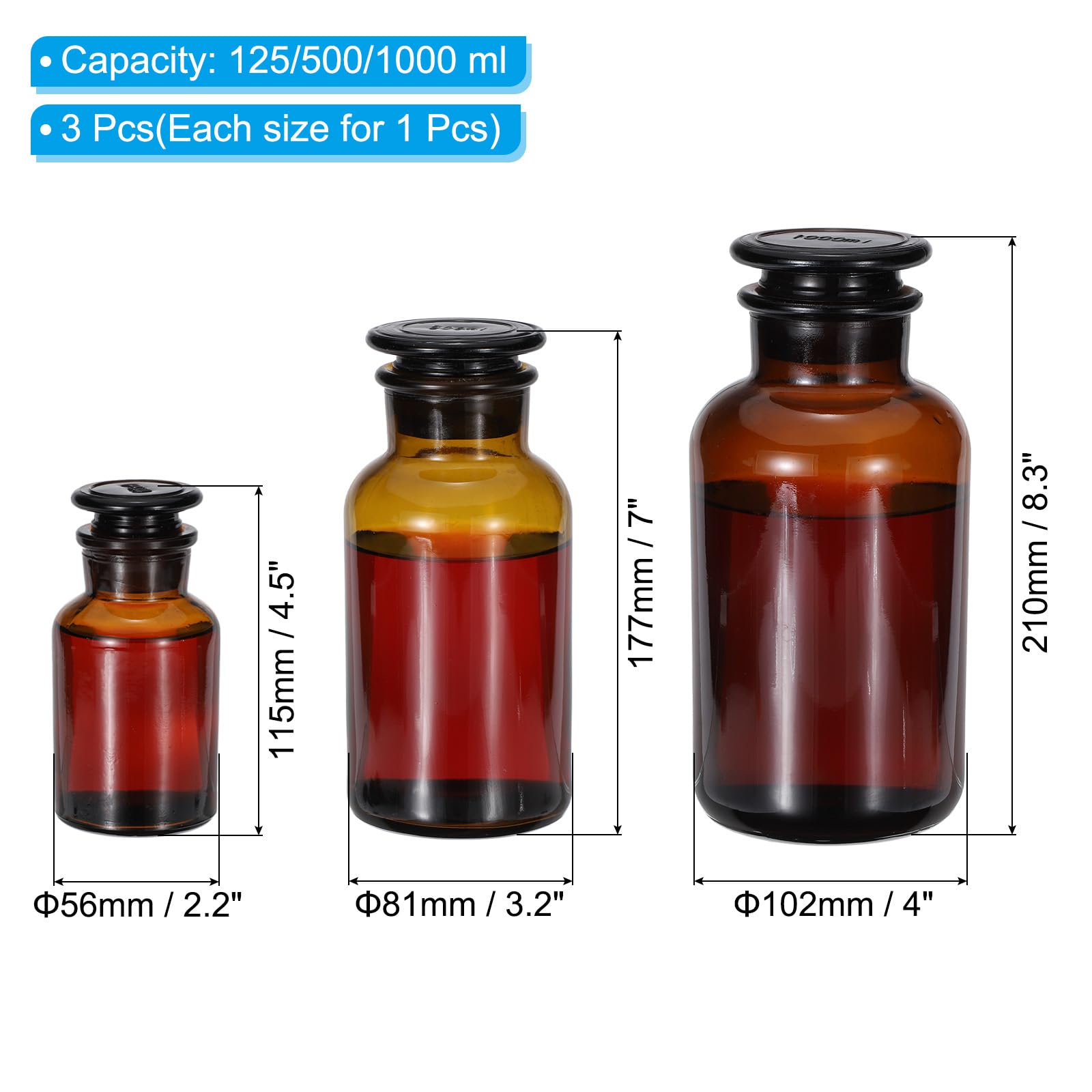 PATIKIL Flacon À Réactif, 125/500/1000ml Verre À Large Ouverture Pour Stockage De Réactifs Avec Bouchon En Verre Rodé Pour Laboratoire Eau Réactifs Liquides, Chimie, Science, Vase, Parfum,