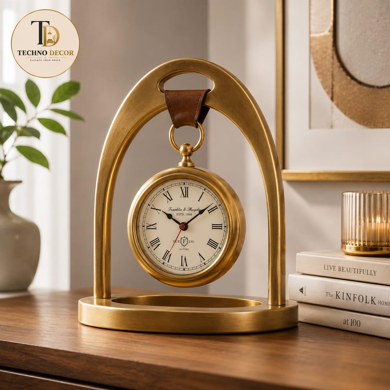 TECHNO DECOR Vintage Hanging Table Clock | Antique Gold Metal Desk