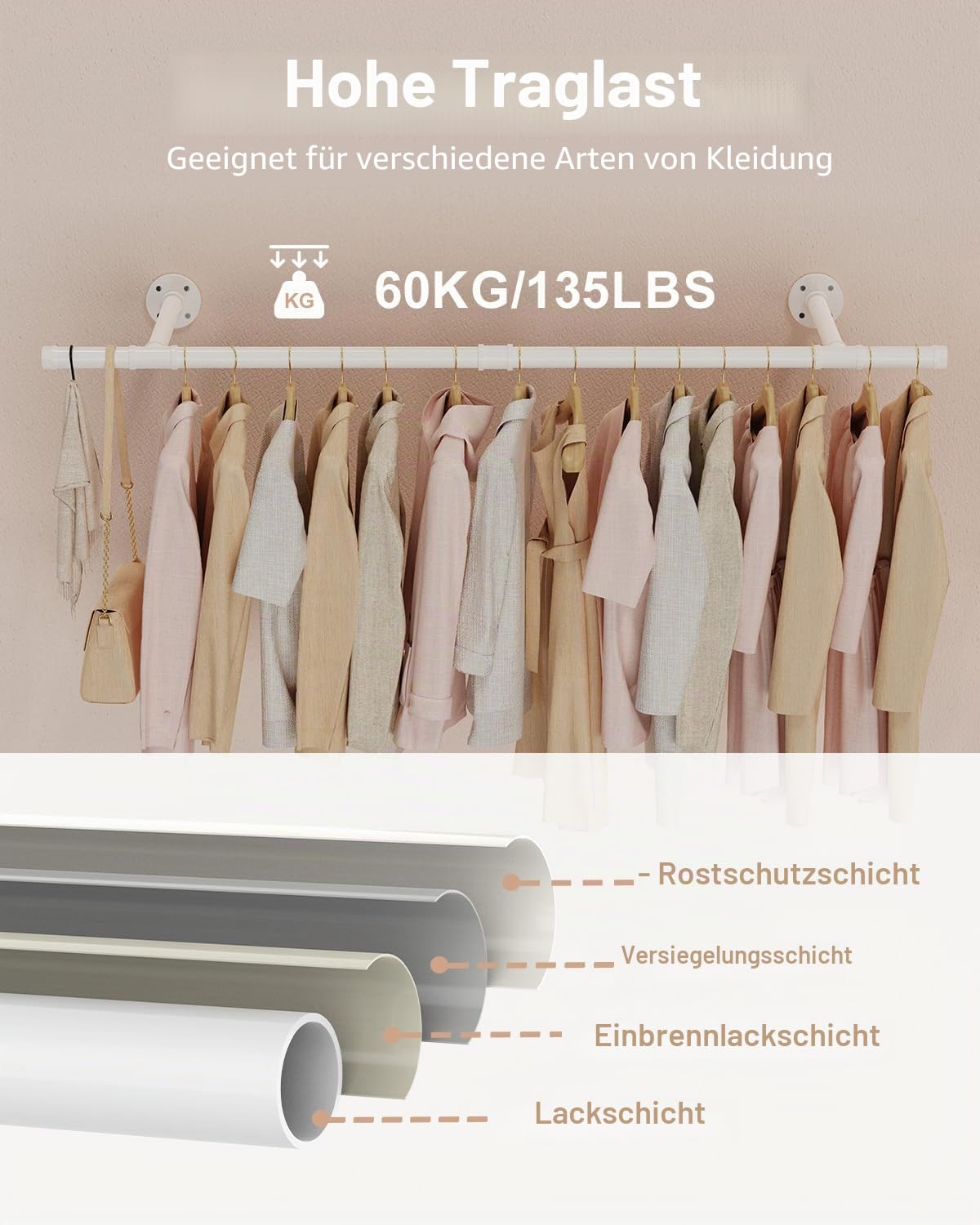 Kleiderständer, Platzsparend Kleiderstange, 121 cm, Weiß, 2 Set