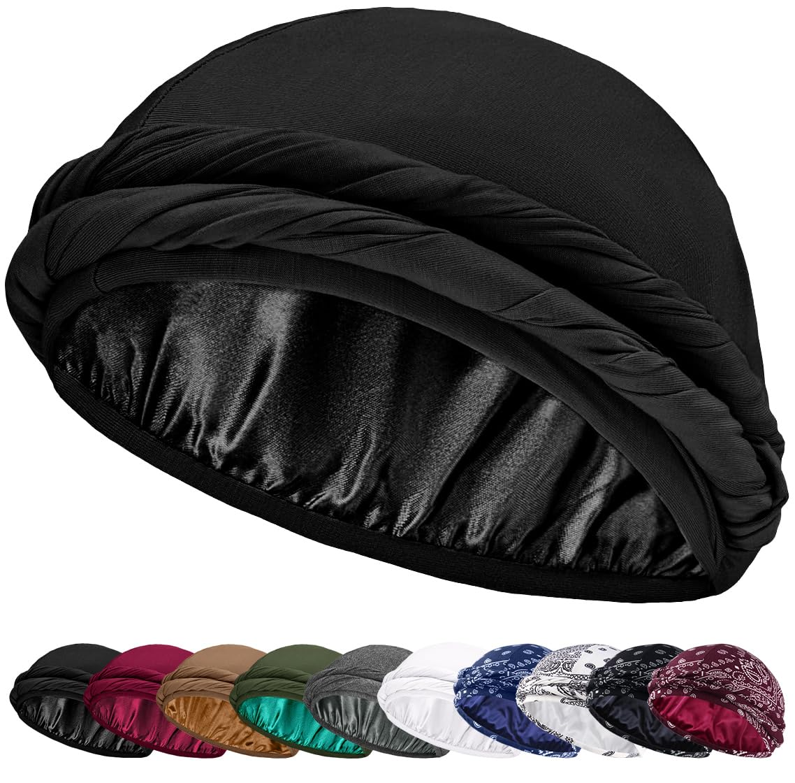 Ababalaya Adjustable Satin Lined Halo Turban Durag for Men &Women, Sleeping Bonnet, Beanie Hats, PRE-Tied Headwraps for Hair Loss Black