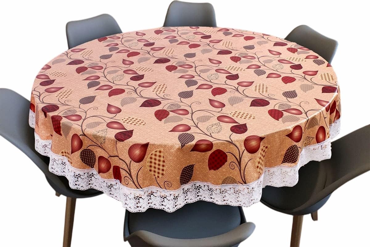 Center & Dining Table Cover Beige Color Leaf Printed Table Cloth with White Lace - Waterpoof & Dustproof Round Shape Table Cloth (40" Round)-Table Cloth Beige 39-image-45