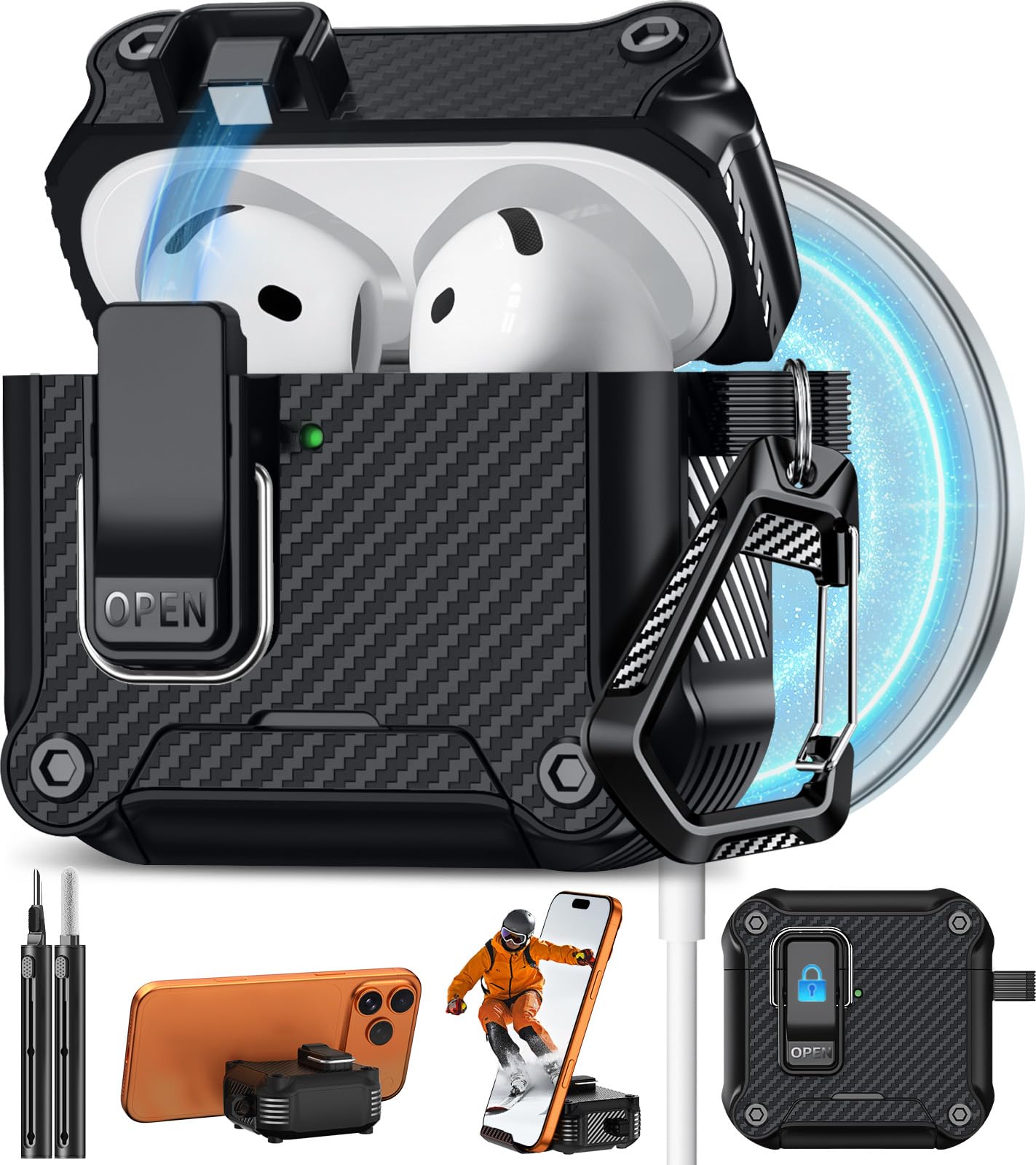 Pohgelan for AirPods 5/4 Case (2026/2024) with Safety Lock-Black
