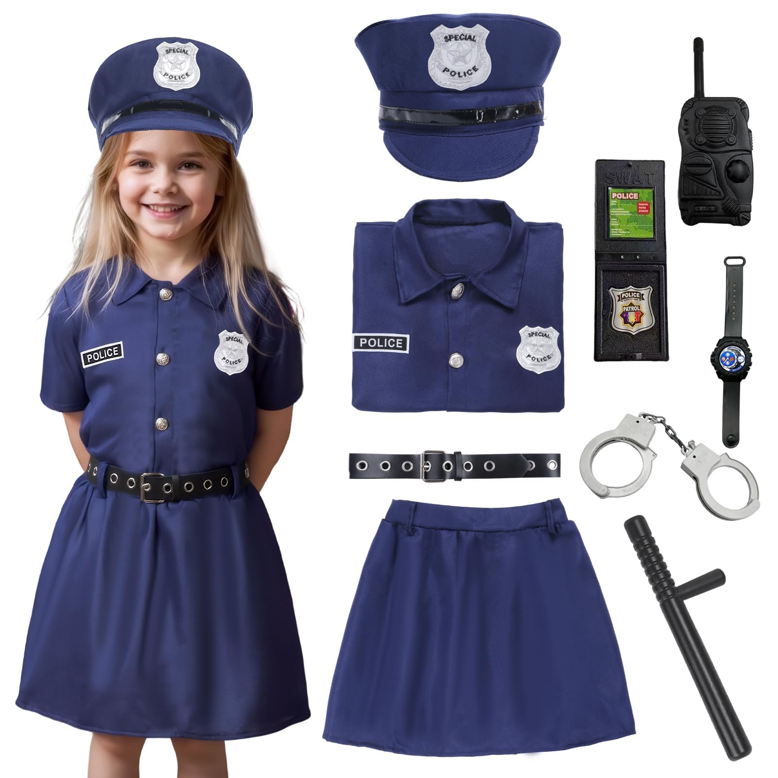 Aleshime Girl Police Officer Costume Outfit Set with Pretend Play Accessories, Cop Costume for Kids Girls Halloween Fancy Dress Up(M(6-8 Years))