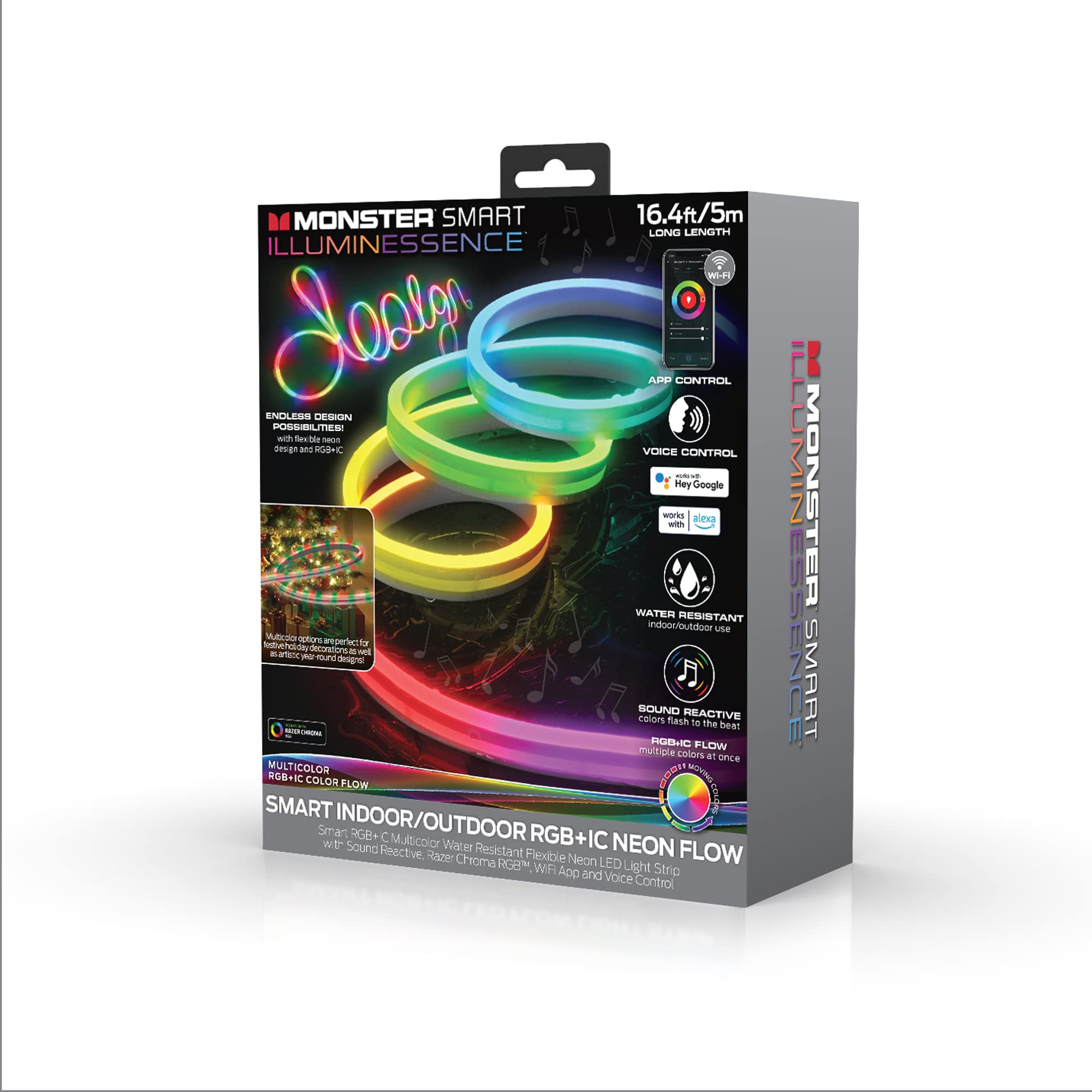 Monster 16.4ft Neon Flow Indoor/Outdoor Multi-Zone LED Light Strip, Create Unique Multicolor Lighting With App, Flexible, Waterproof, Works With Alexa/Google Assistant/Siri, Mounting Clips Included