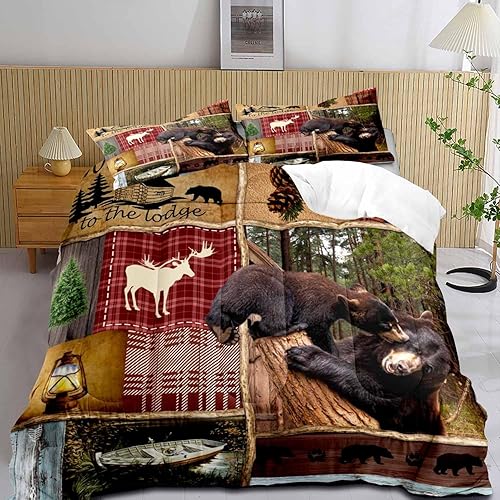 LUVIVIHOME Juego de edredón de 3 piezas tamaño King, juego de ropa de cama rústica de cabaña, ciervos, bosque, animales, vida silvestre, caza,