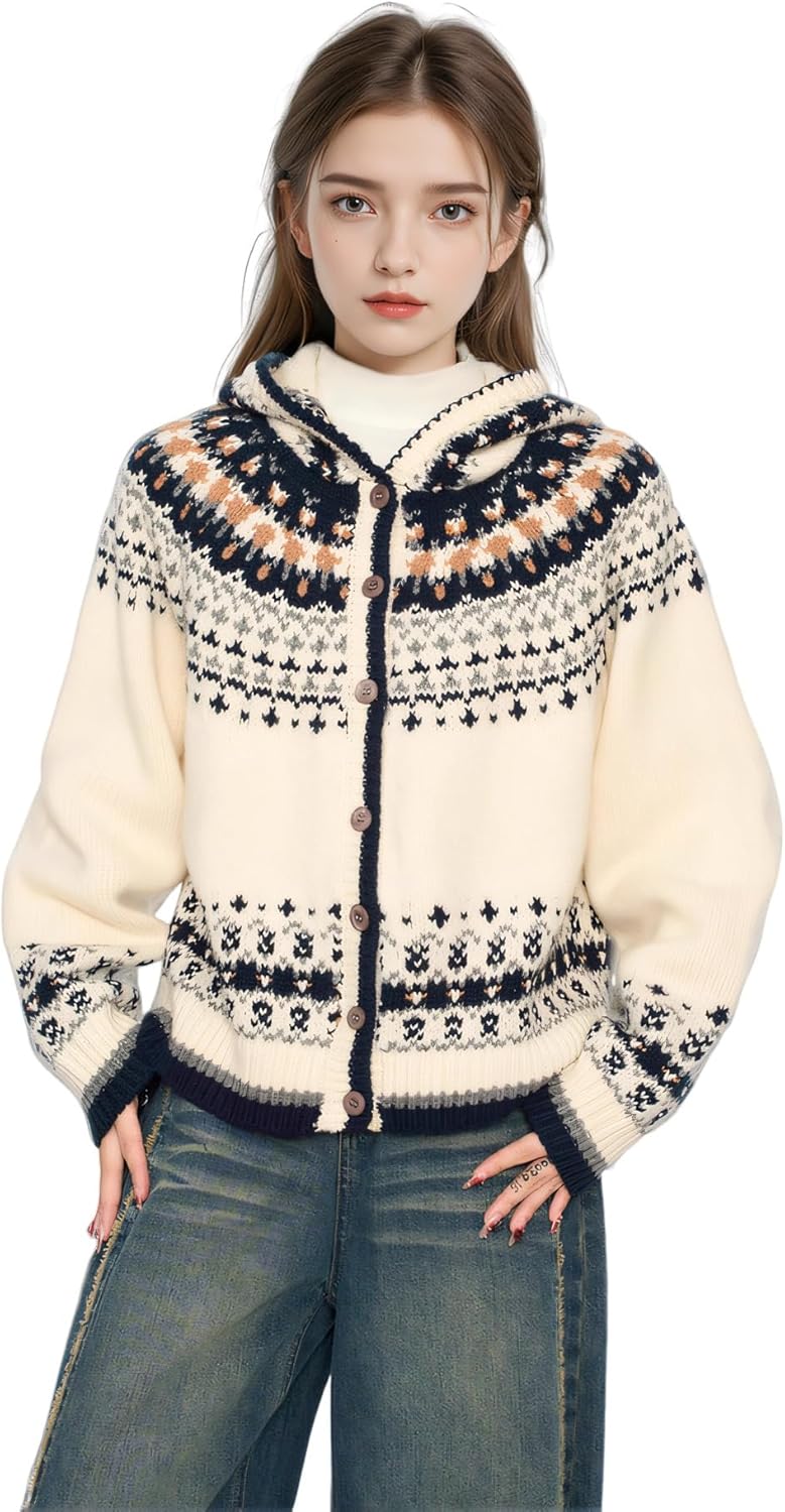 utcoco Womens Snowflake Christmas Cardigan Sweaters Color Block Knit Sweater Coats with Hood - Image 4